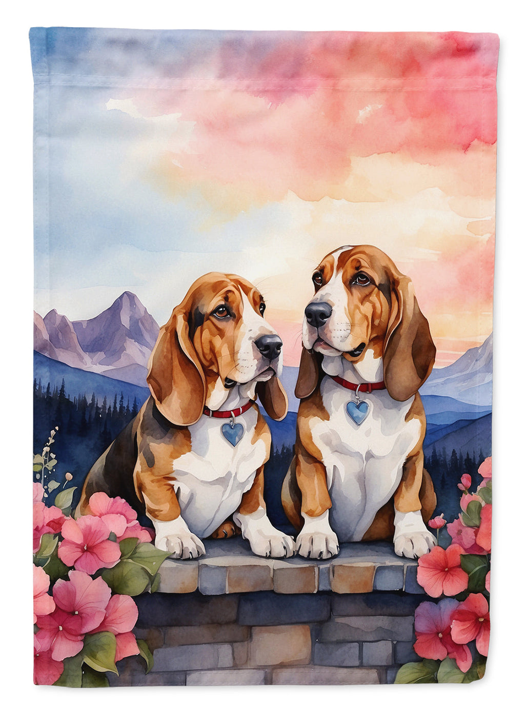 Basset Hound Two Hearts House Flag 28x40 Porch Sleeve Pole Decorative Outside Yard Banner Artwork Wall Hanging, Polyester