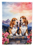 Basset Hound Two Hearts House Flag 28x40 Porch Sleeve Pole Decorative Outside Yard Banner Artwork Wall Hanging, Polyester