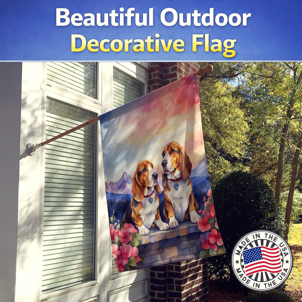 Basset Hound Two Hearts House Flag 28x40 Porch Sleeve Pole Decorative Outside Yard Banner Artwork Wall Hanging, Polyester