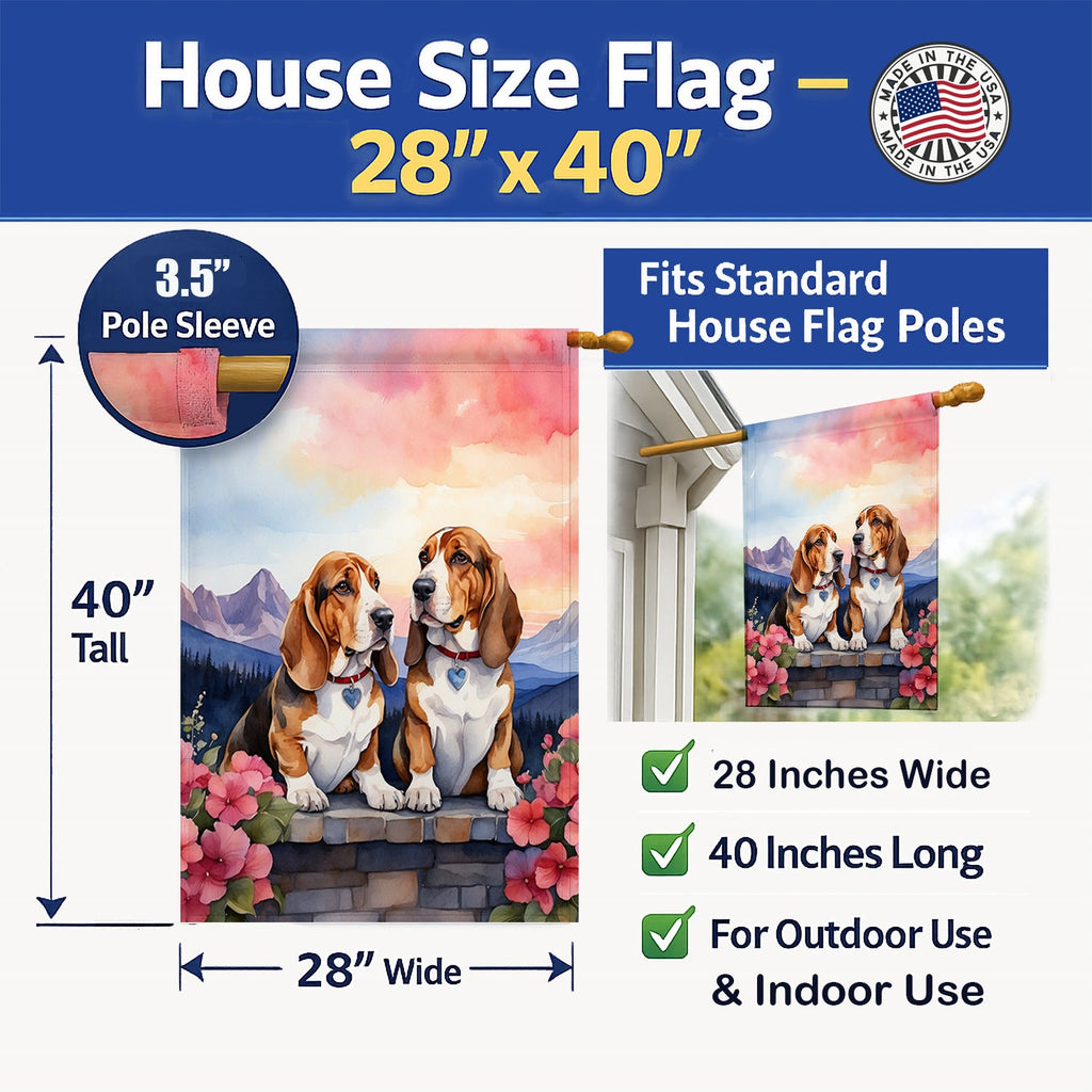 Basset Hound Two Hearts House Flag 28x40 Porch Sleeve Pole Decorative Outside Yard Banner Artwork Wall Hanging, Polyester