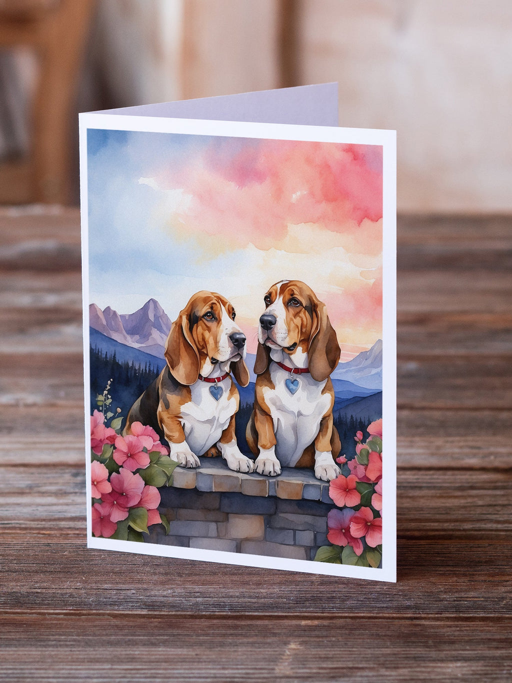 Basset Hound Two Hearts Greeting Cards Pack of 8 Blank Cards with Envelopes Whimsical A7 Size 5x7