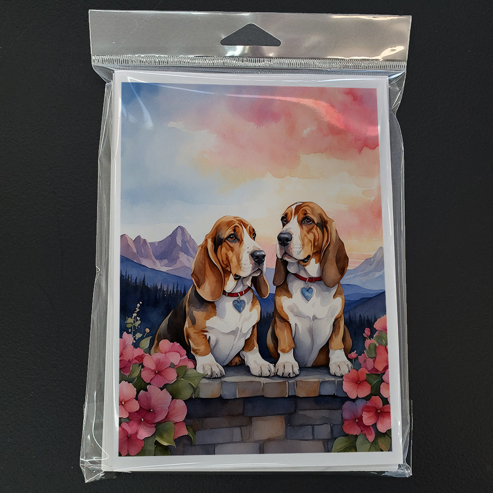 Basset Hound Two Hearts Greeting Cards Pack of 8 Blank Cards with Envelopes Whimsical A7 Size 5x7