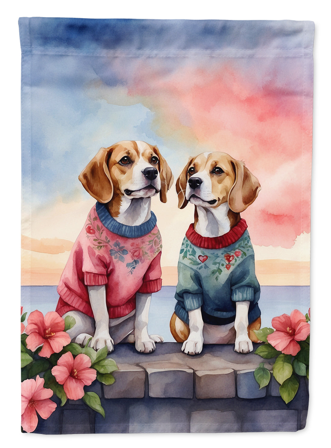 Beagle Two Hearts House Flag 28x40 Porch Sleeve Pole Decorative Outside Yard Banner Artwork Wall Hanging, Polyester