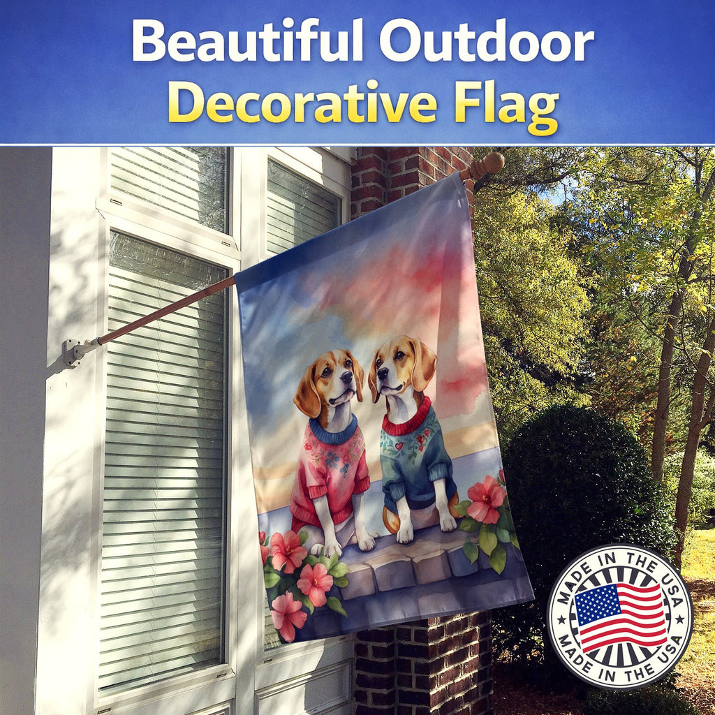 Beagle Two Hearts House Flag 28x40 Porch Sleeve Pole Decorative Outside Yard Banner Artwork Wall Hanging, Polyester