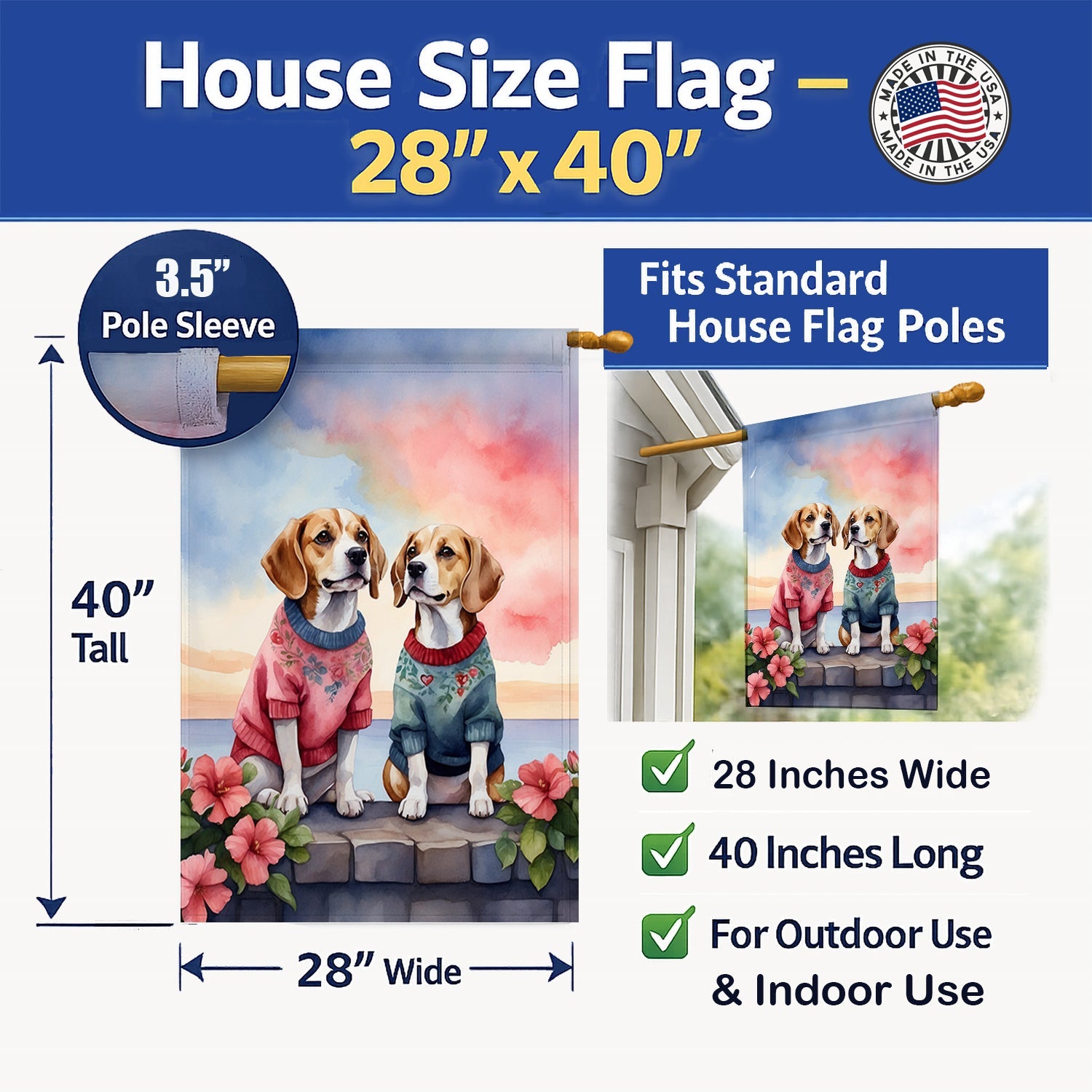 Beagle Two Hearts House Flag 28x40 Porch Sleeve Pole Decorative Outside Yard Banner Artwork Wall Hanging, Polyester