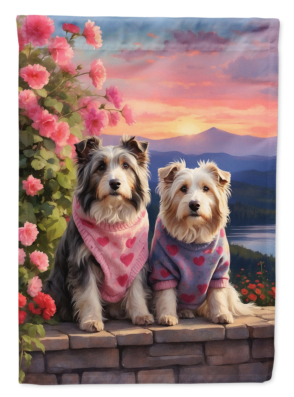 Bearded Collie Two Hearts House Flag 28x40 Porch Sleeve Pole Decorative Outside Yard Banner Artwork Wall Hanging, Polyester
