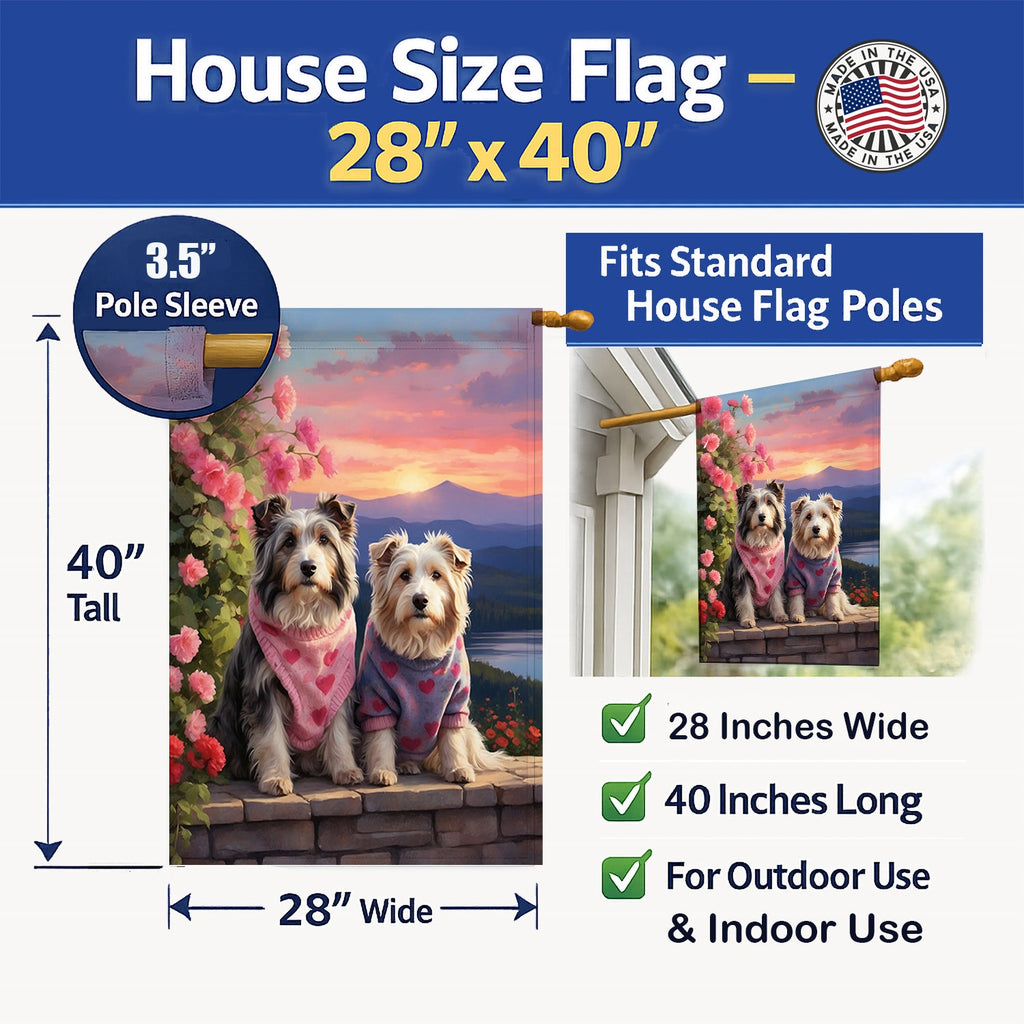 Bearded Collie Two Hearts House Flag 28x40 Porch Sleeve Pole Decorative Outside Yard Banner Artwork Wall Hanging, Polyester