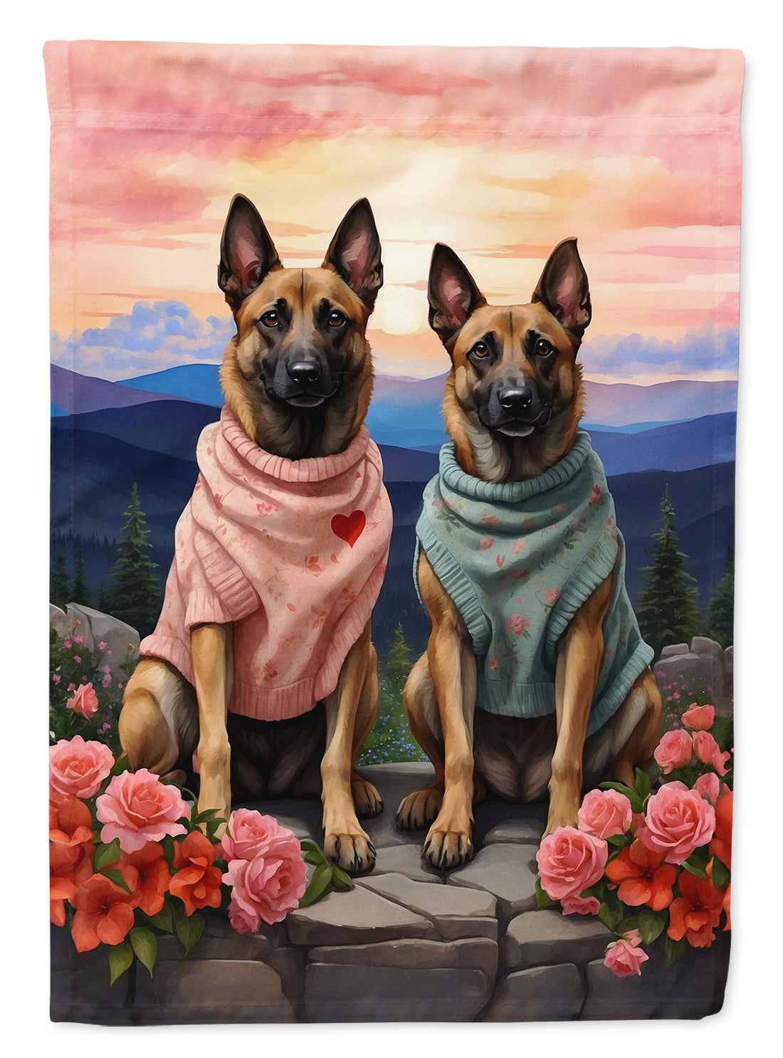 Belgian Malinois Two Hearts House Flag 28x40 Porch Sleeve Pole Decorative Outside Yard Banner Artwork Wall Hanging, Polyester