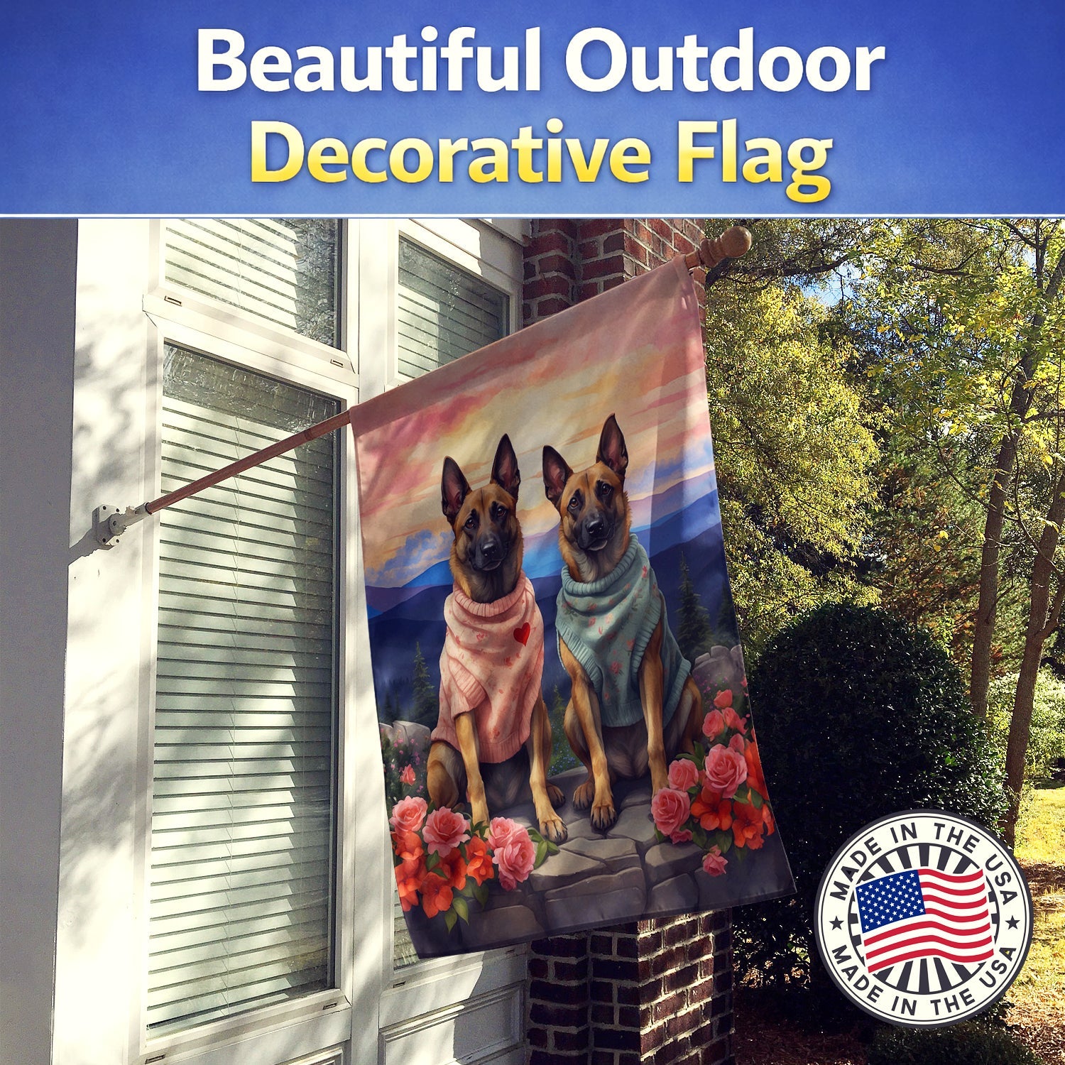 Belgian Malinois Two Hearts House Flag 28x40 Porch Sleeve Pole Decorative Outside Yard Banner Artwork Wall Hanging, Polyester