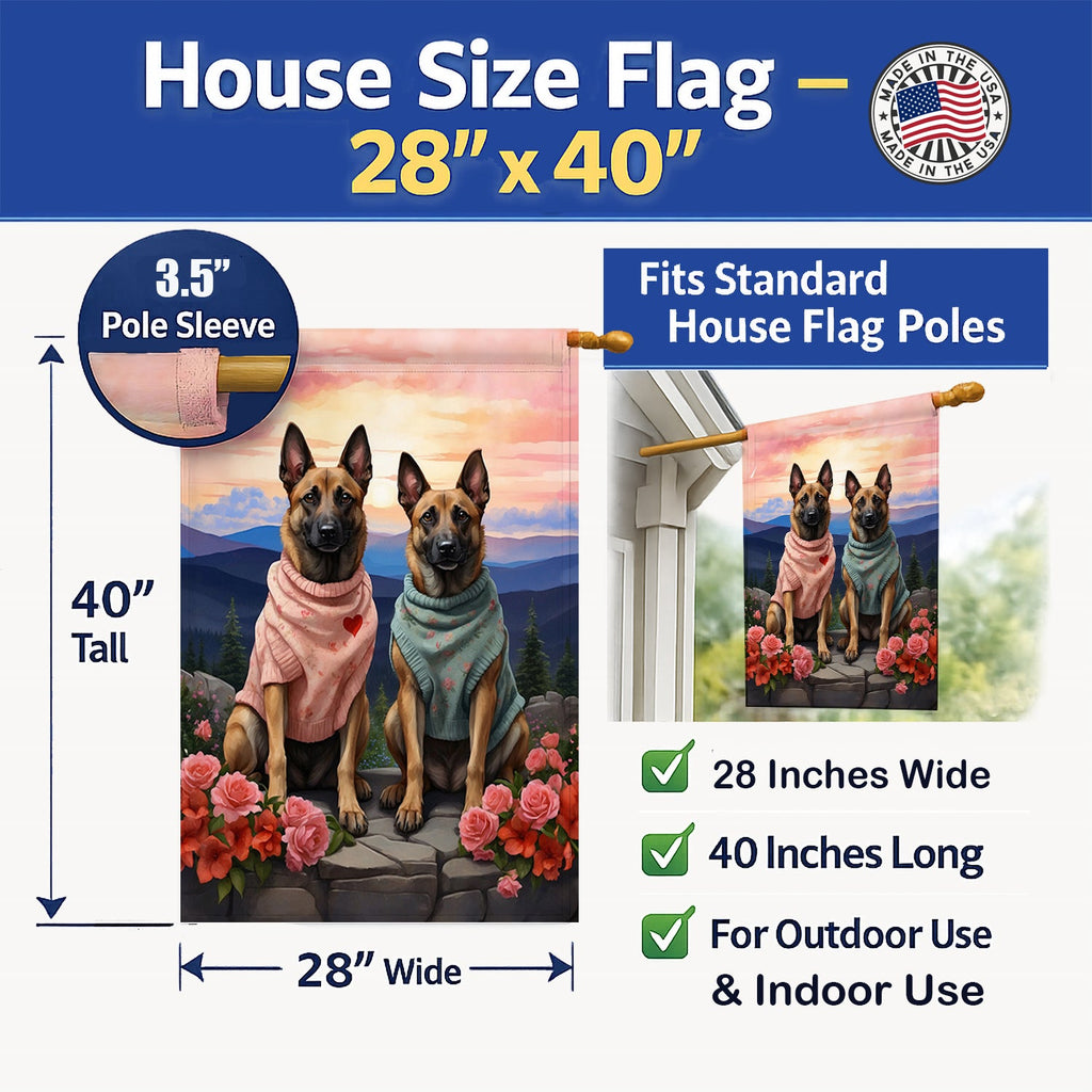 Belgian Malinois Two Hearts House Flag 28x40 Porch Sleeve Pole Decorative Outside Yard Banner Artwork Wall Hanging, Polyester