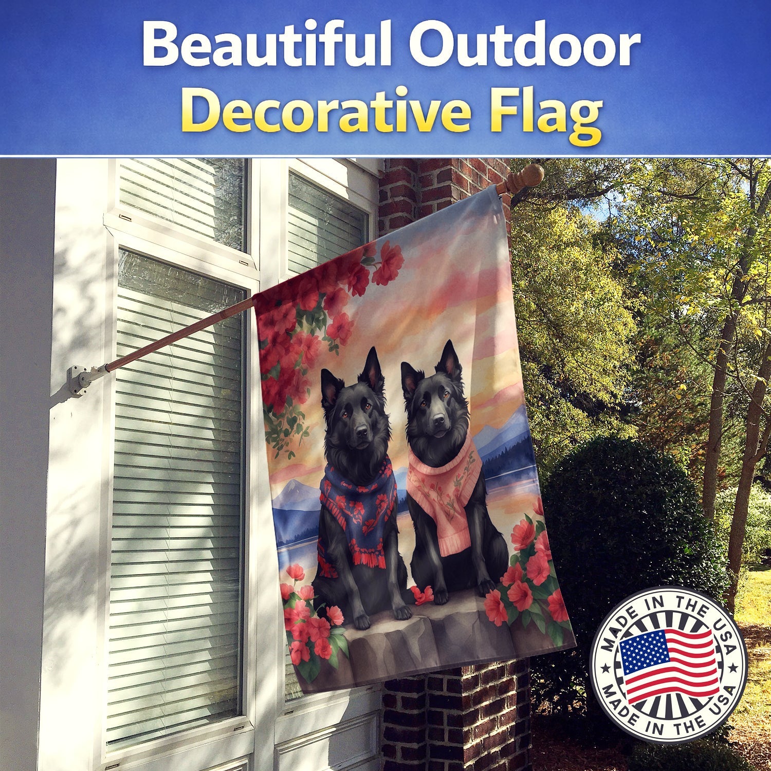 Belgian Sheepdog Two Hearts House Flag 28x40 Porch Sleeve Pole Decorative Outside Yard Banner Artwork Wall Hanging, Polyester