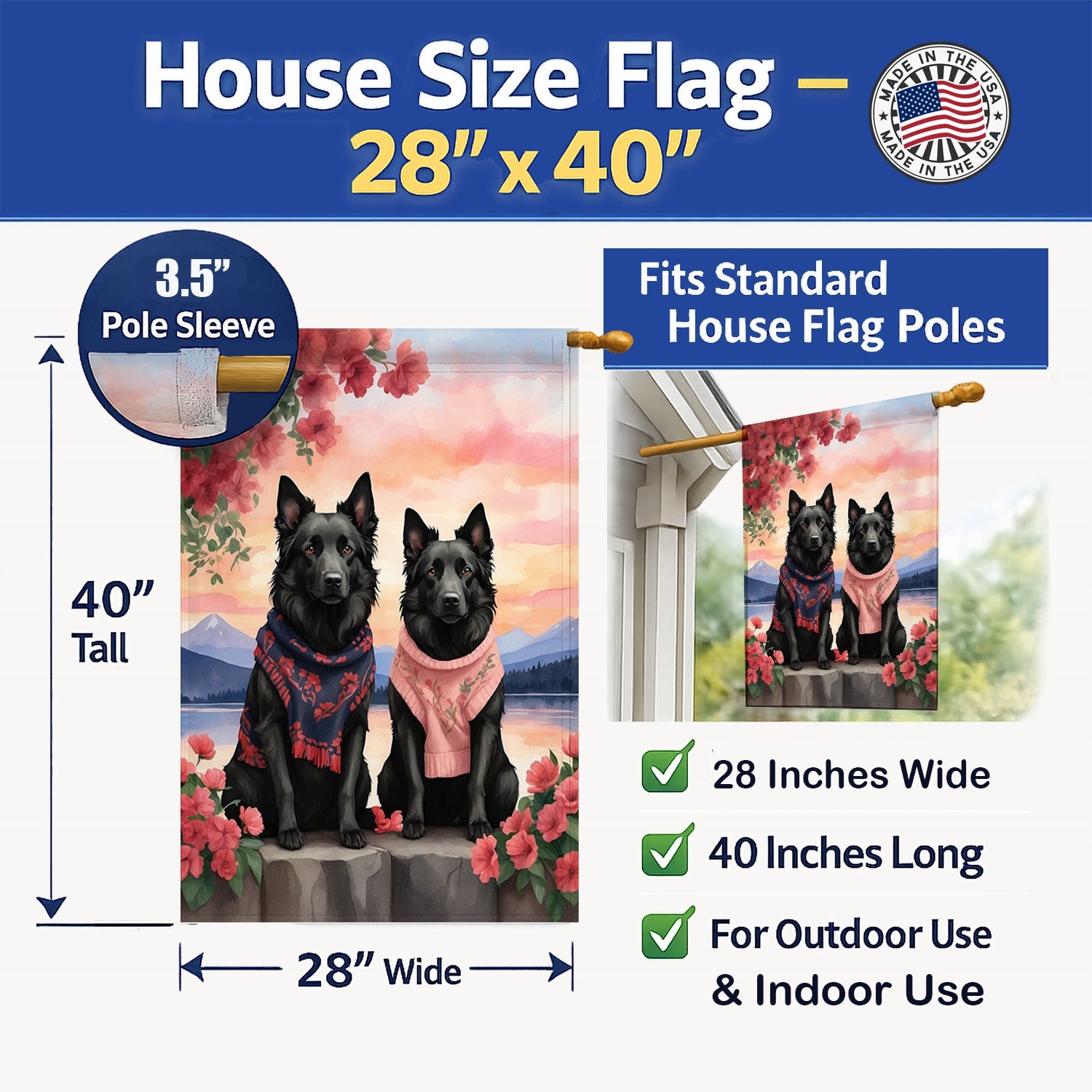 Belgian Sheepdog Two Hearts House Flag 28x40 Porch Sleeve Pole Decorative Outside Yard Banner Artwork Wall Hanging, Polyester