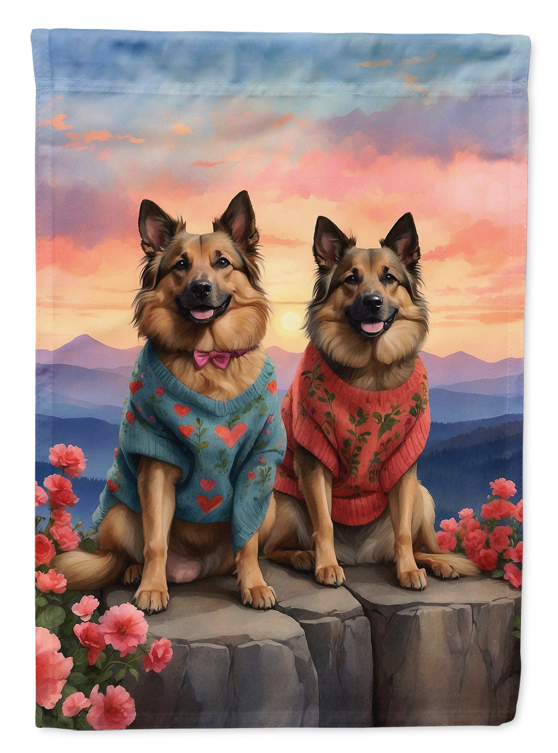 Belgian Tervuren Two Hearts House Flag 28x40 Porch Sleeve Pole Decorative Outside Yard Banner Artwork Wall Hanging, Polyester