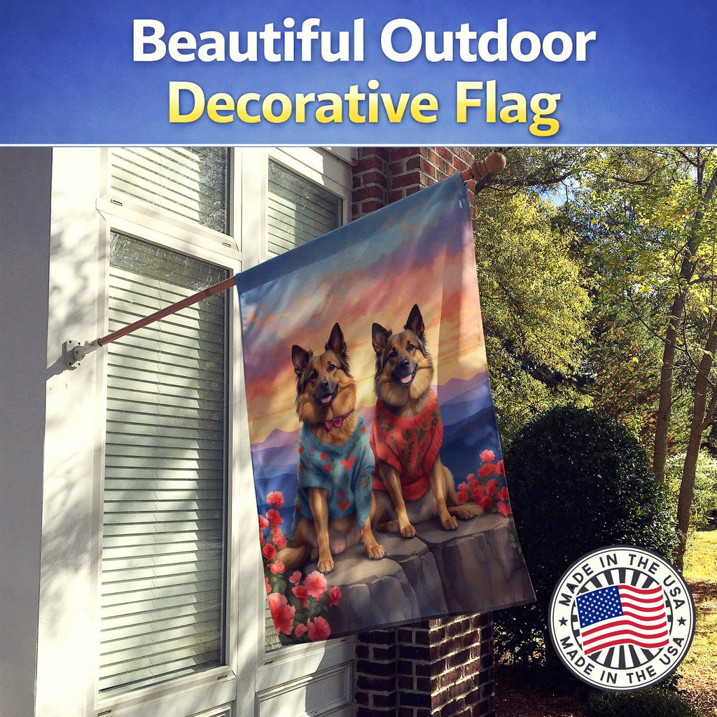 Belgian Tervuren Two Hearts House Flag 28x40 Porch Sleeve Pole Decorative Outside Yard Banner Artwork Wall Hanging, Polyester