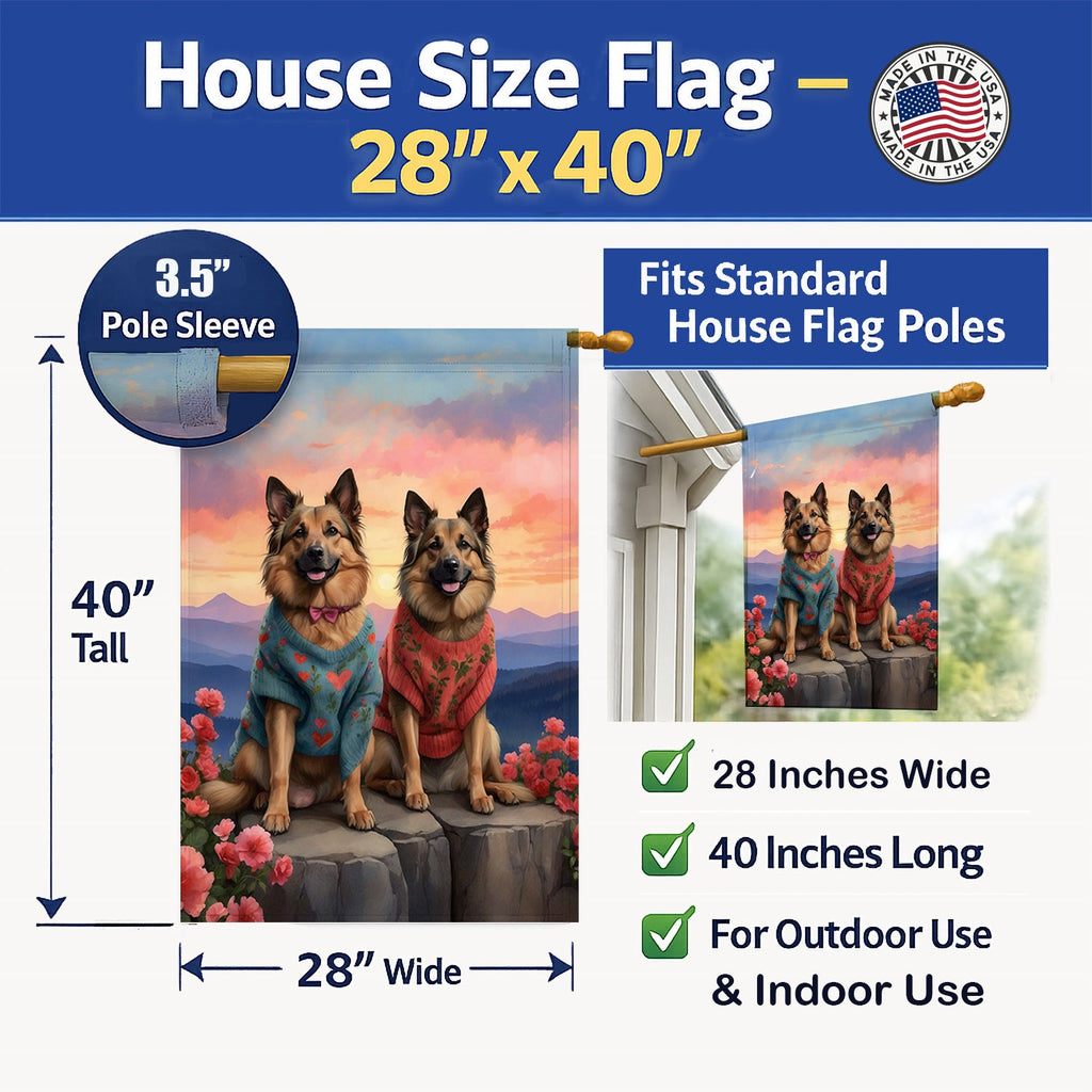 Belgian Tervuren Two Hearts House Flag 28x40 Porch Sleeve Pole Decorative Outside Yard Banner Artwork Wall Hanging, Polyester