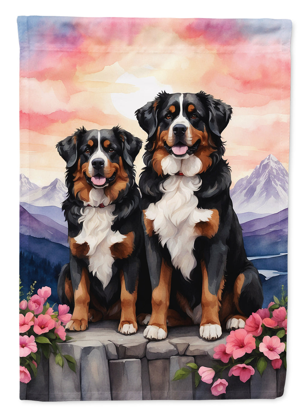 Bernese Mountain Dog Two Hearts House Flag 28x40 Porch Sleeve Pole Decorative Outside Yard Banner Artwork Wall Hanging, Polyester