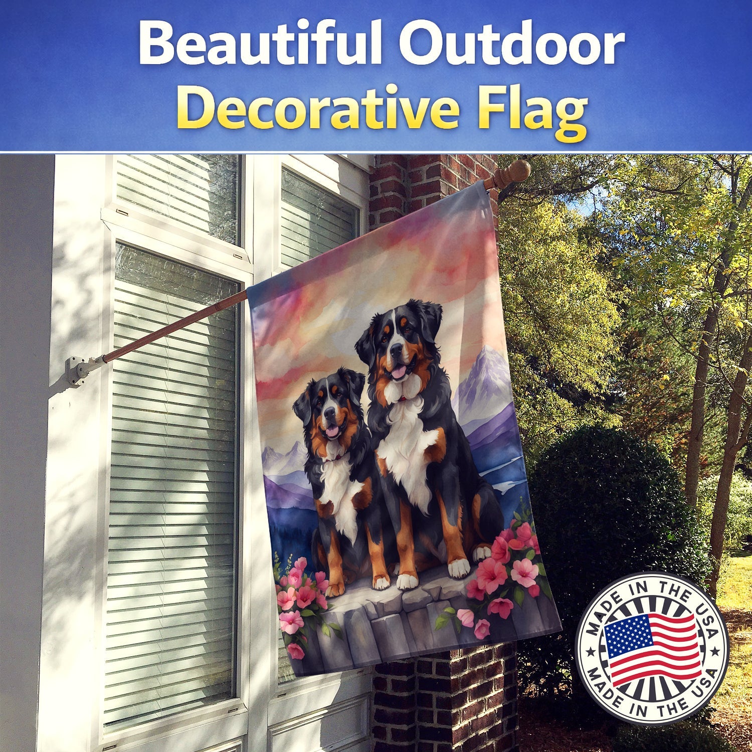 Bernese Mountain Dog Two Hearts House Flag 28x40 Porch Sleeve Pole Decorative Outside Yard Banner Artwork Wall Hanging, Polyester