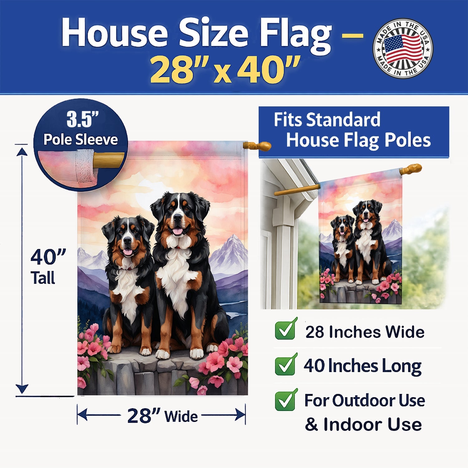 Bernese Mountain Dog Two Hearts House Flag 28x40 Porch Sleeve Pole Decorative Outside Yard Banner Artwork Wall Hanging, Polyester