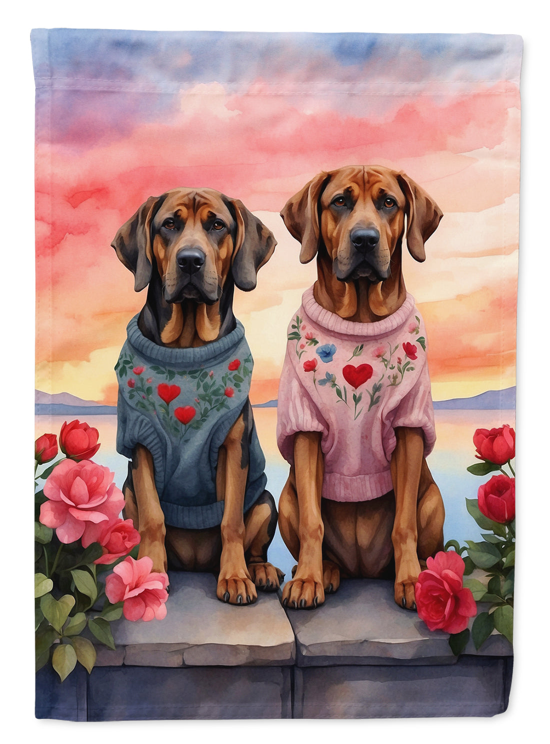 Bloodhound Two Hearts House Flag 28x40 Porch Sleeve Pole Decorative Outside Yard Banner Artwork Wall Hanging, Polyester