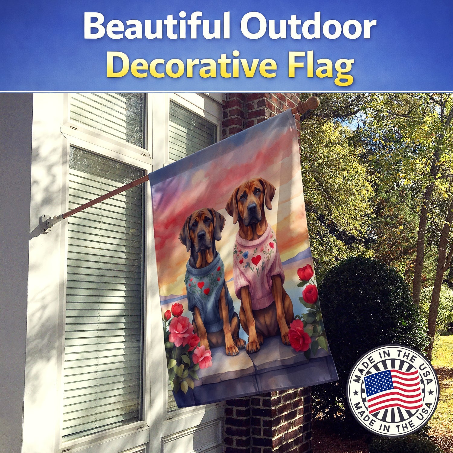 Bloodhound Two Hearts House Flag 28x40 Porch Sleeve Pole Decorative Outside Yard Banner Artwork Wall Hanging, Polyester