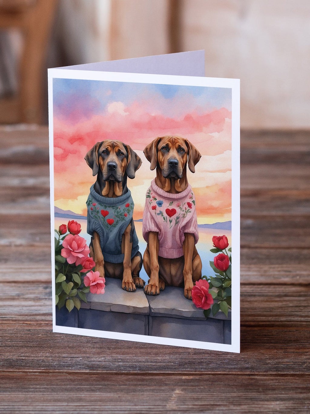 Bloodhound Two Hearts Greeting Cards Pack of 8 Blank Cards with Envelopes Whimsical A7 Size 5x7