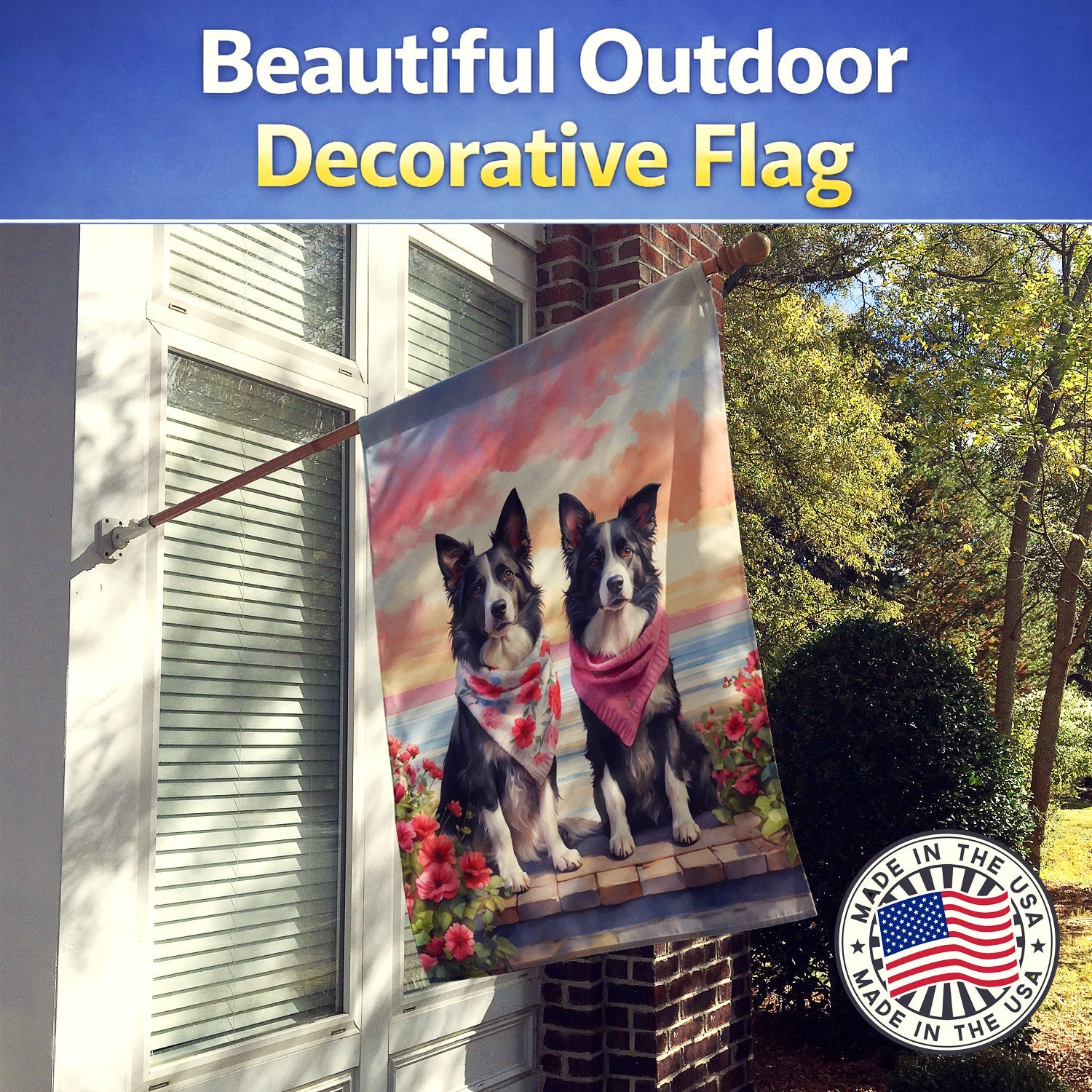 Border Collie Two Hearts House Flag 28x40 Porch Sleeve Pole Decorative Outside Yard Banner Artwork Wall Hanging, Polyester