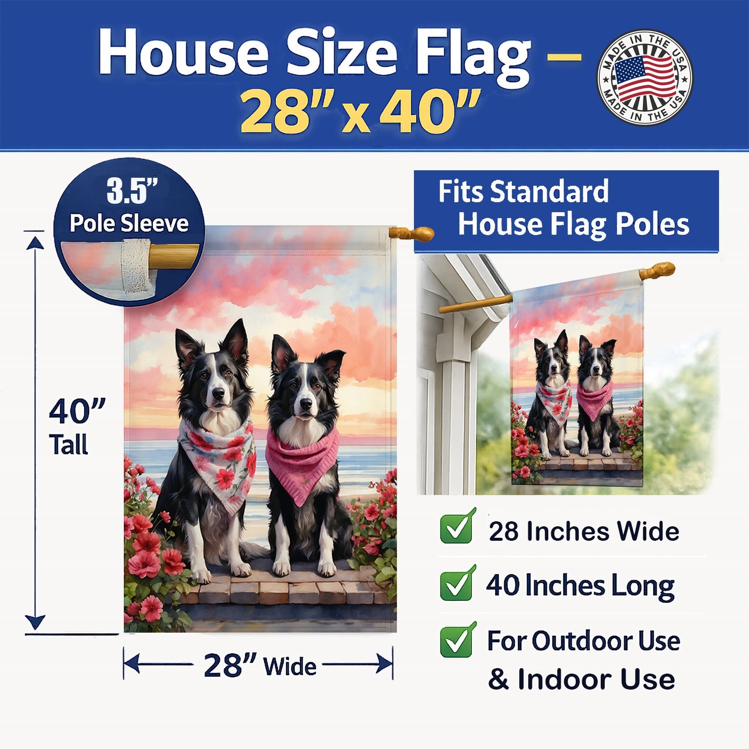 Border Collie Two Hearts House Flag 28x40 Porch Sleeve Pole Decorative Outside Yard Banner Artwork Wall Hanging, Polyester