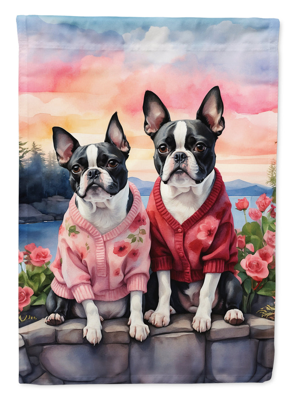 Boston Terrier Two Hearts House Flag 28x40 Porch Sleeve Pole Decorative Outside Yard Banner Artwork Wall Hanging, Polyester