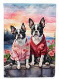 Boston Terrier Two Hearts House Flag 28x40 Porch Sleeve Pole Decorative Outside Yard Banner Artwork Wall Hanging, Polyester