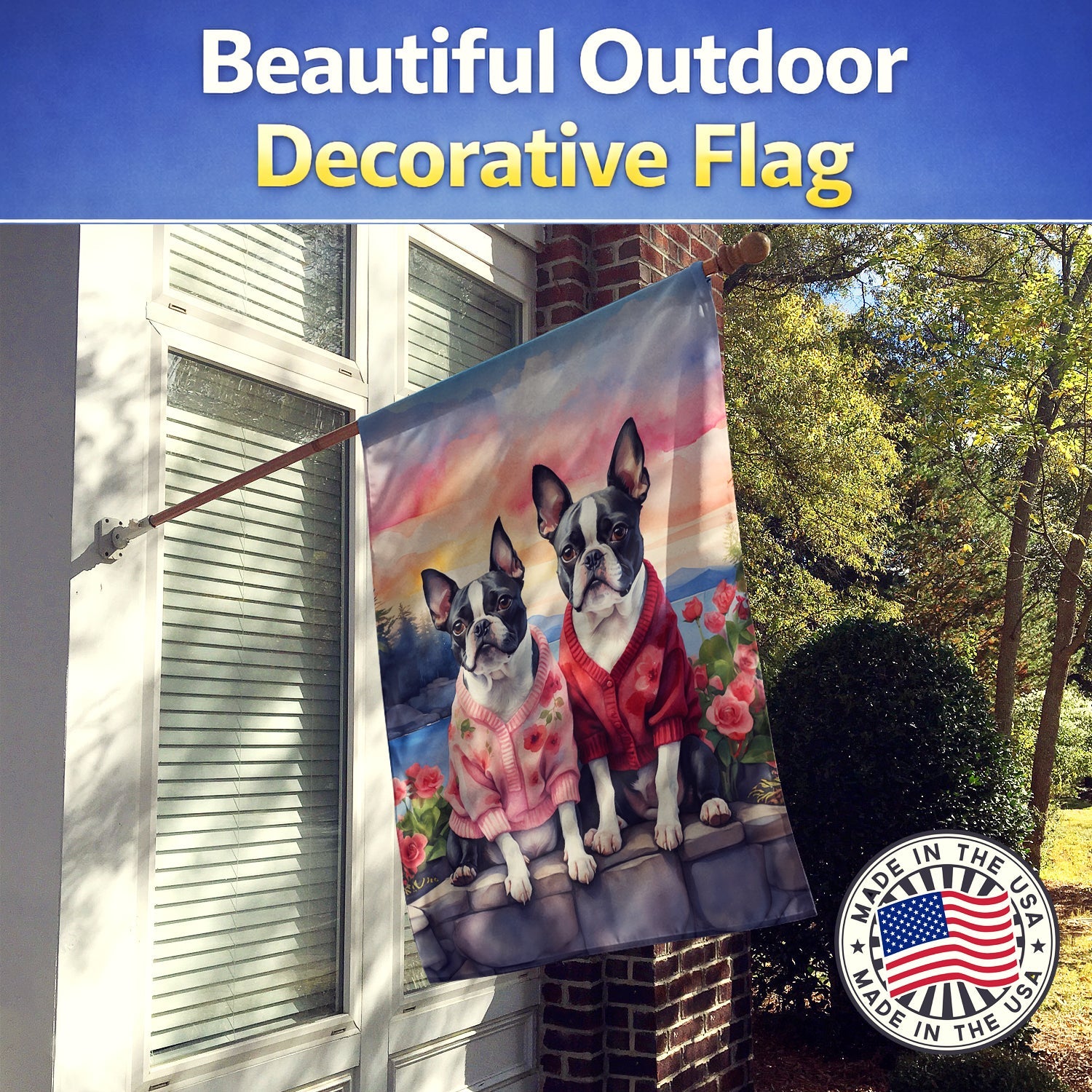 Boston Terrier Two Hearts House Flag 28x40 Porch Sleeve Pole Decorative Outside Yard Banner Artwork Wall Hanging, Polyester