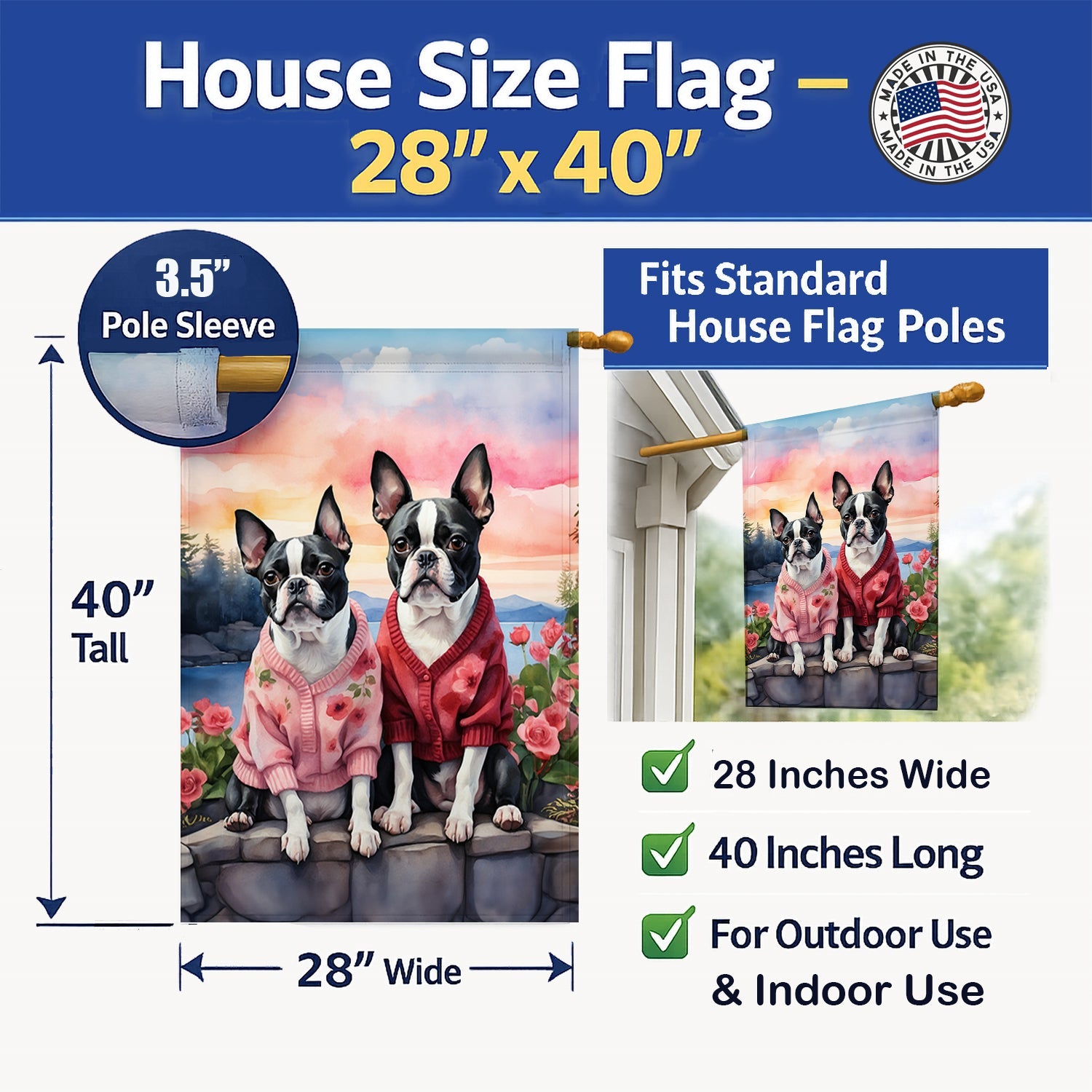 Boston Terrier Two Hearts House Flag 28x40 Porch Sleeve Pole Decorative Outside Yard Banner Artwork Wall Hanging, Polyester