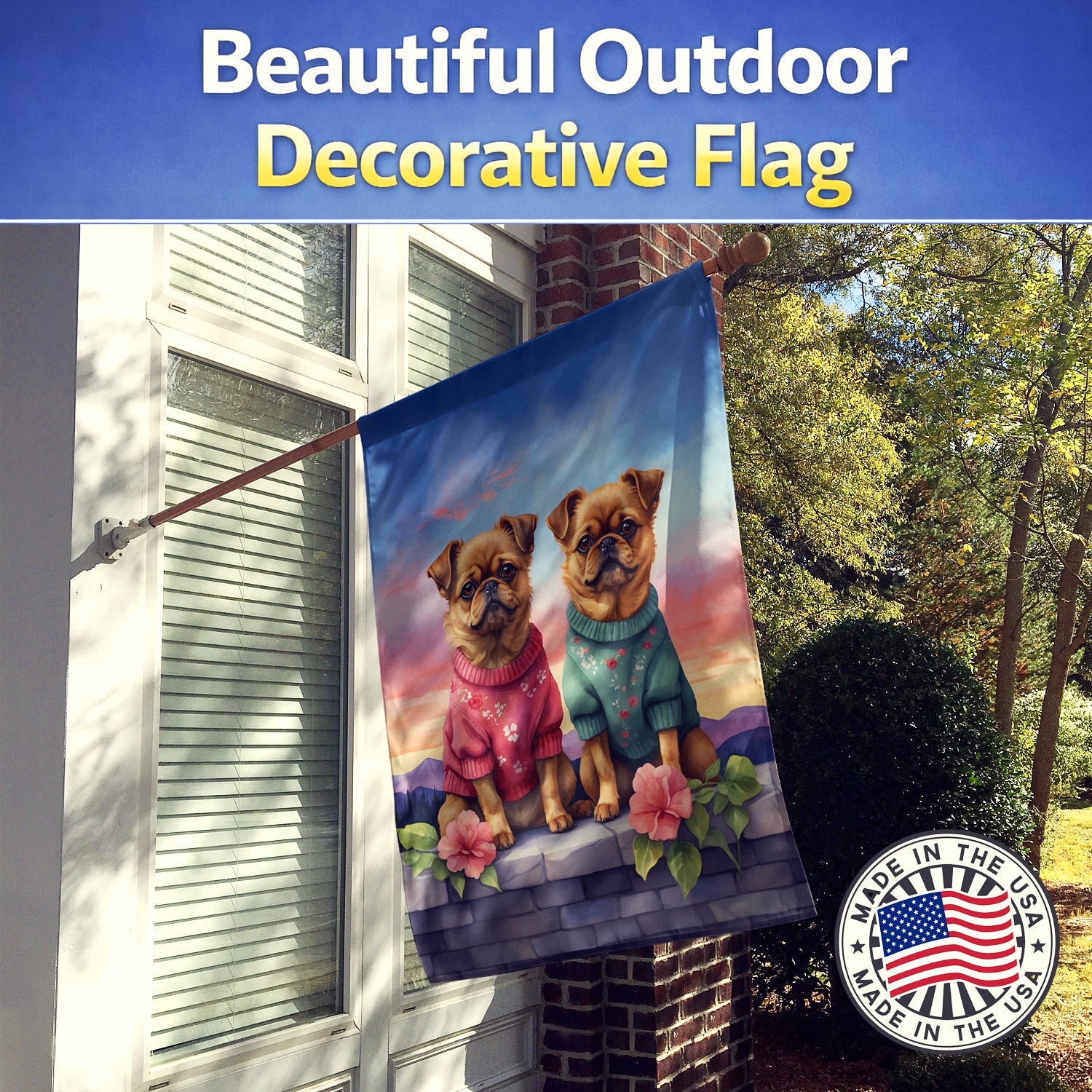 Brussels Griffon Two Hearts House Flag 28x40 Porch Sleeve Pole Decorative Outside Yard Banner Artwork Wall Hanging, Polyester
