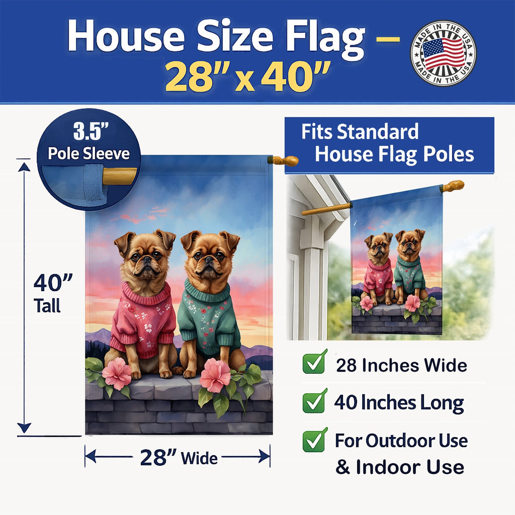 Brussels Griffon Two Hearts House Flag 28x40 Porch Sleeve Pole Decorative Outside Yard Banner Artwork Wall Hanging, Polyester