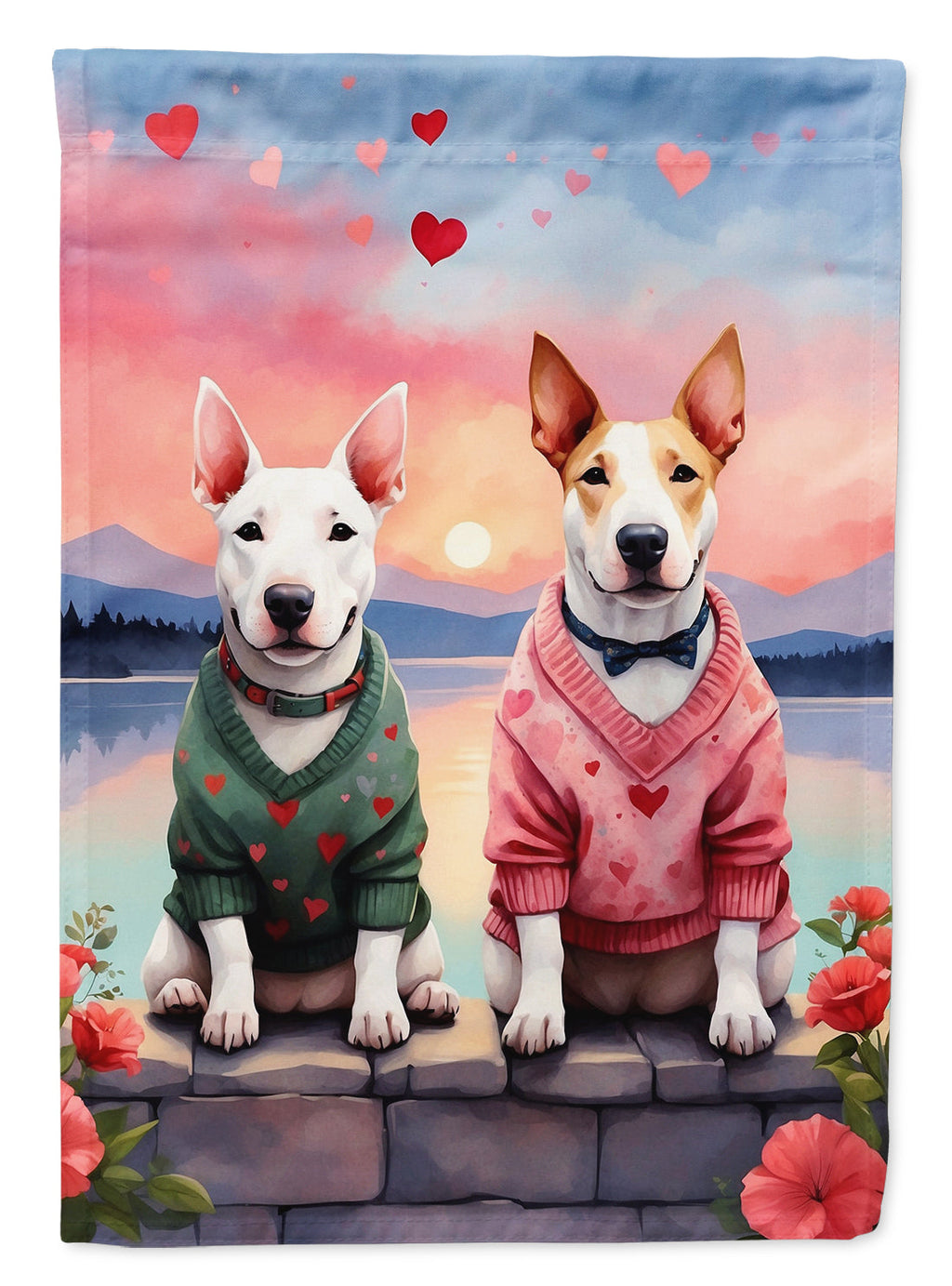Bull Terrier Two Hearts House Flag 28x40 Porch Sleeve Pole Decorative Outside Yard Banner Artwork Wall Hanging, Polyester