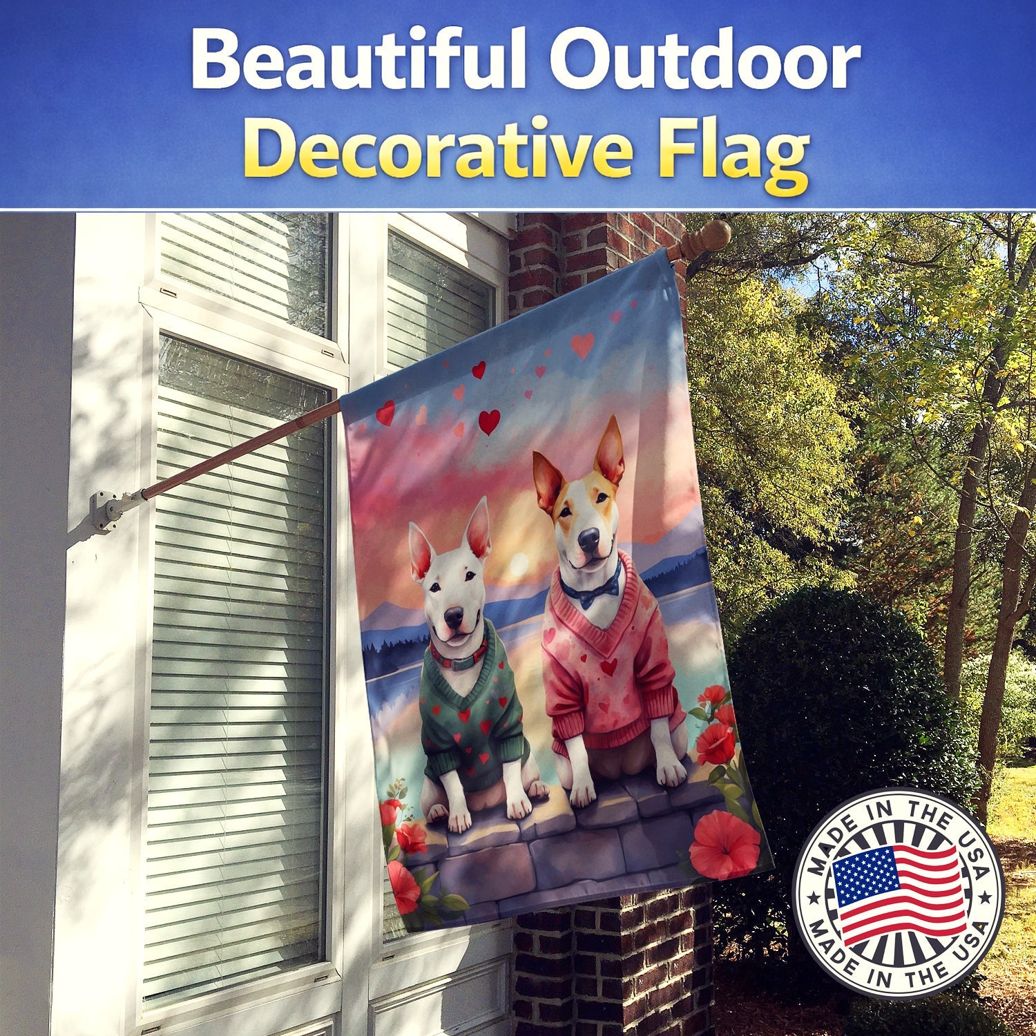 Bull Terrier Two Hearts House Flag 28x40 Porch Sleeve Pole Decorative Outside Yard Banner Artwork Wall Hanging, Polyester