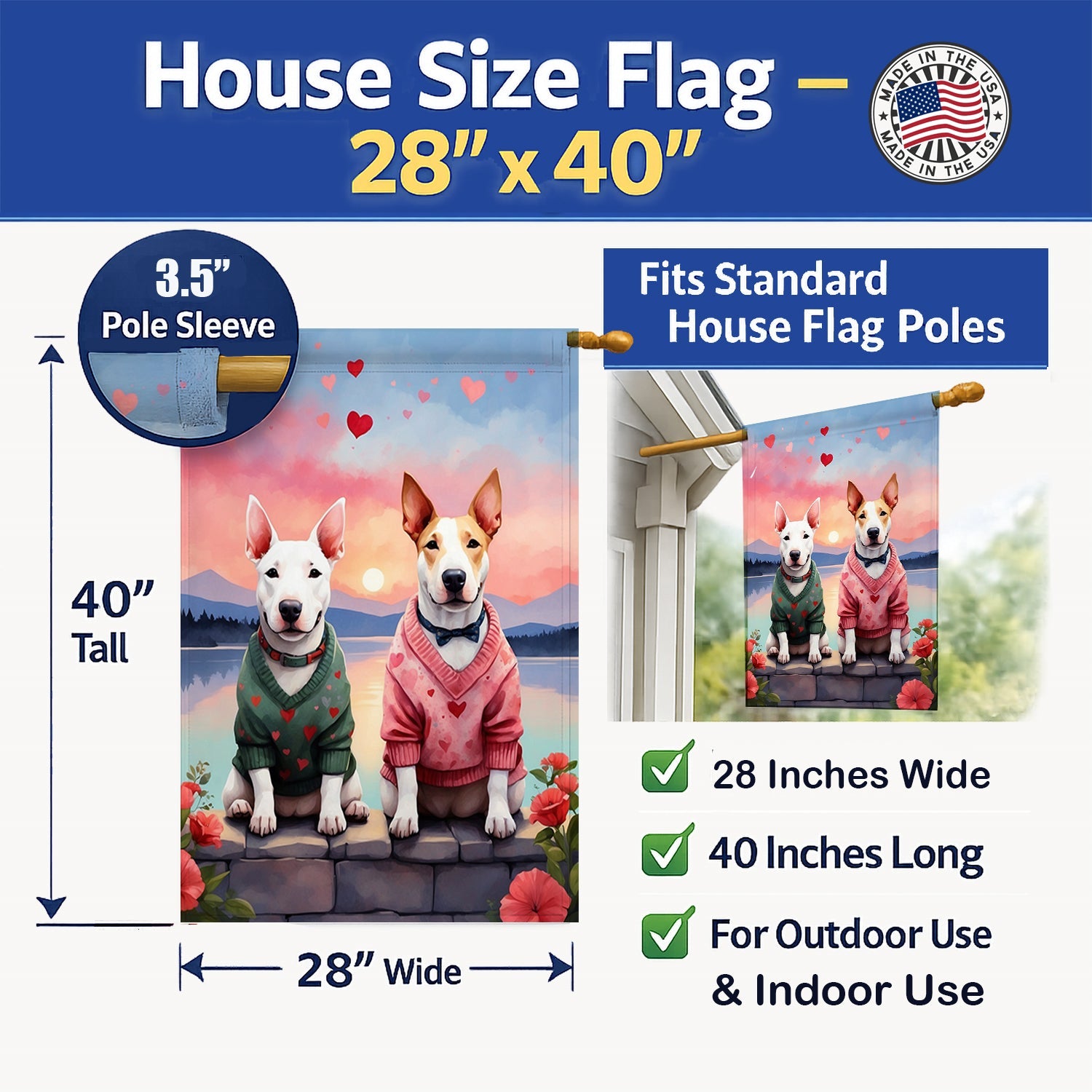 Bull Terrier Two Hearts House Flag 28x40 Porch Sleeve Pole Decorative Outside Yard Banner Artwork Wall Hanging, Polyester