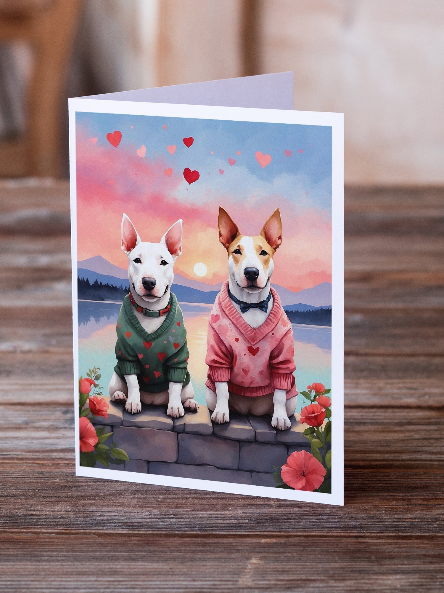 Bull Terrier Two Hearts Greeting Cards Pack of 8 Blank Cards with Envelopes Whimsical A7 Size 5x7