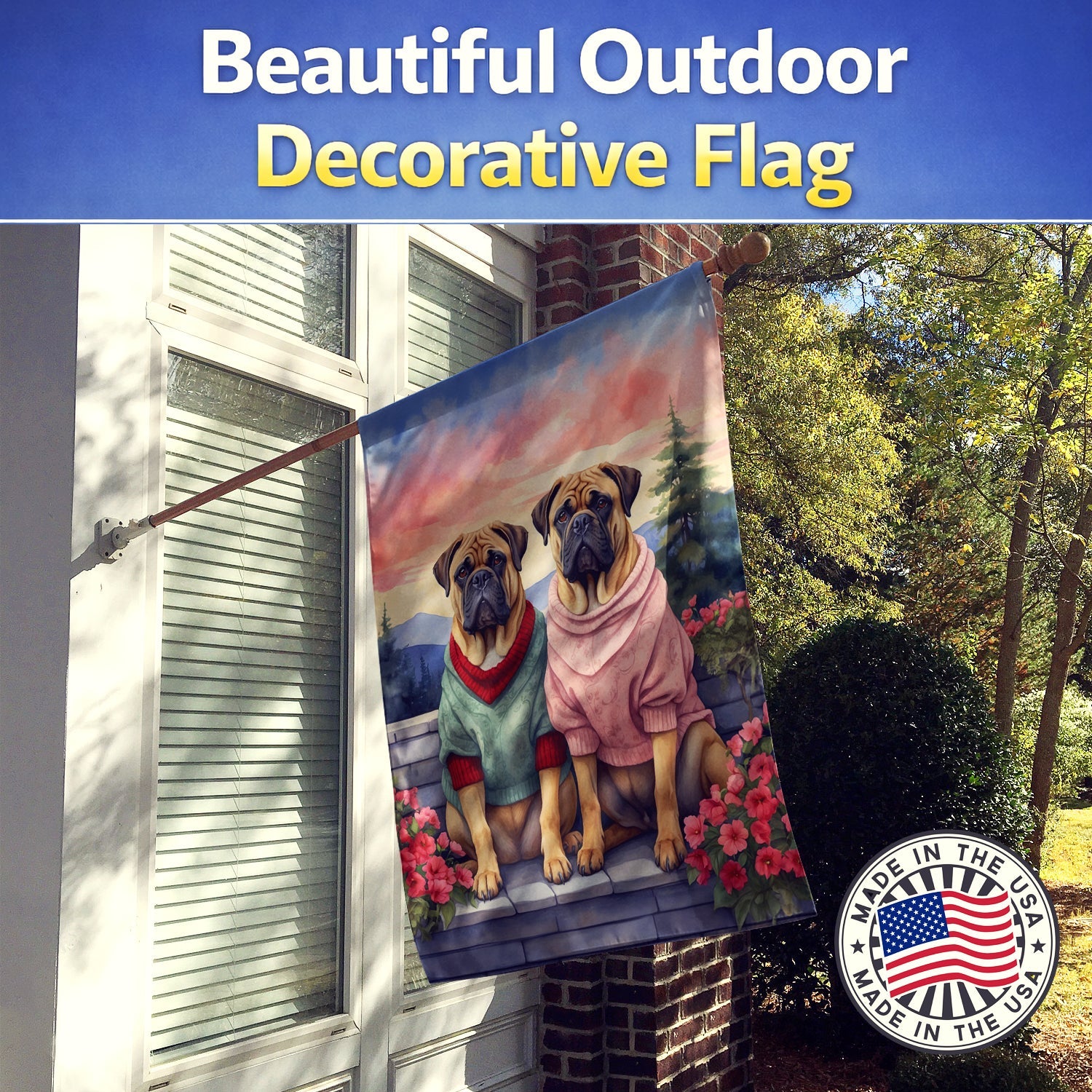 Bullmastiff Two Hearts House Flag 28x40 Porch Sleeve Pole Decorative Outside Yard Banner Artwork Wall Hanging, Polyester