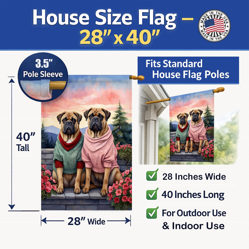 Bullmastiff Two Hearts House Flag 28x40 Porch Sleeve Pole Decorative Outside Yard Banner Artwork Wall Hanging, Polyester