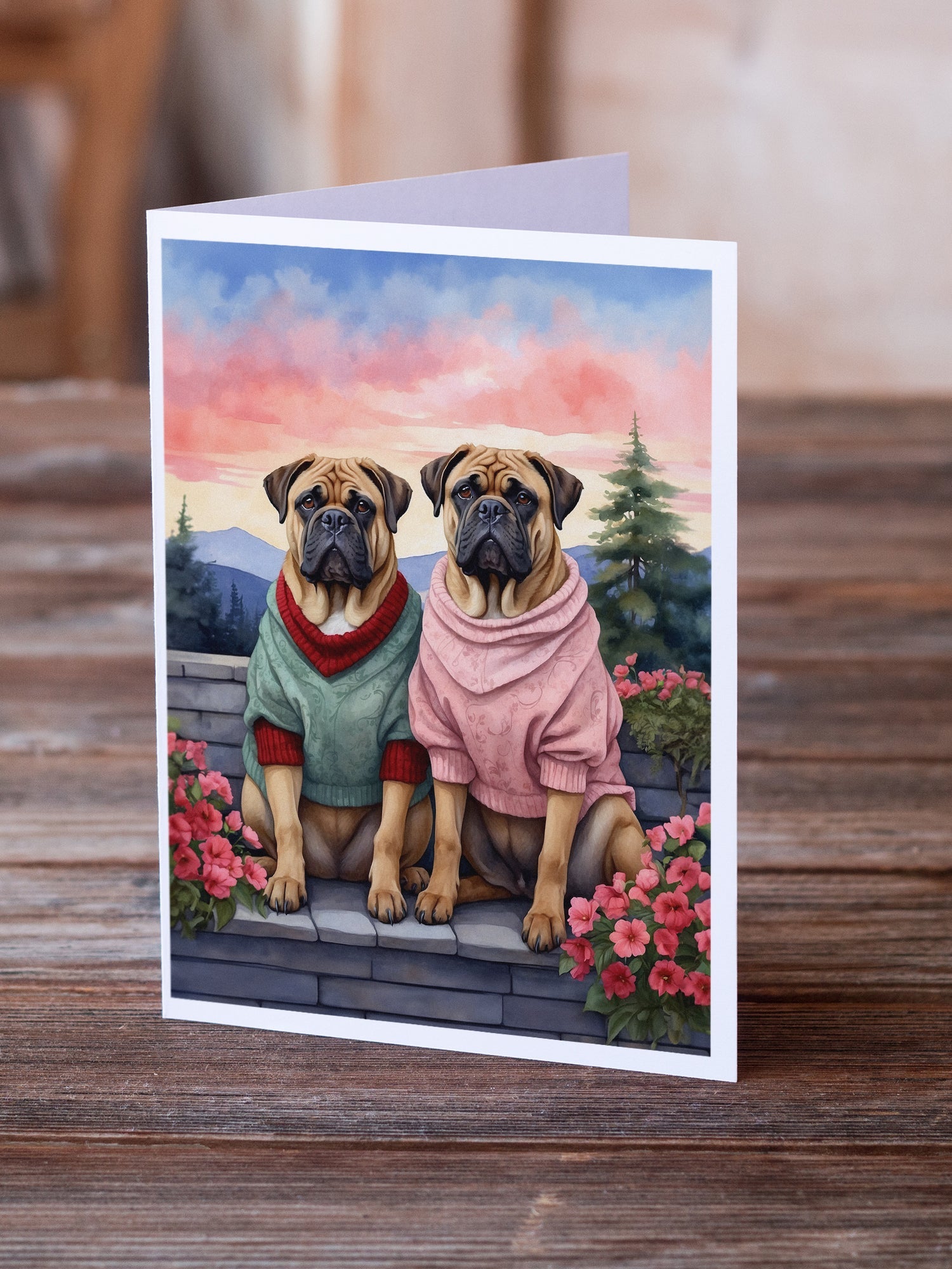 Bullmastiff Two Hearts Greeting Cards Pack of 8 Blank Cards with Envelopes Whimsical A7 Size 5x7