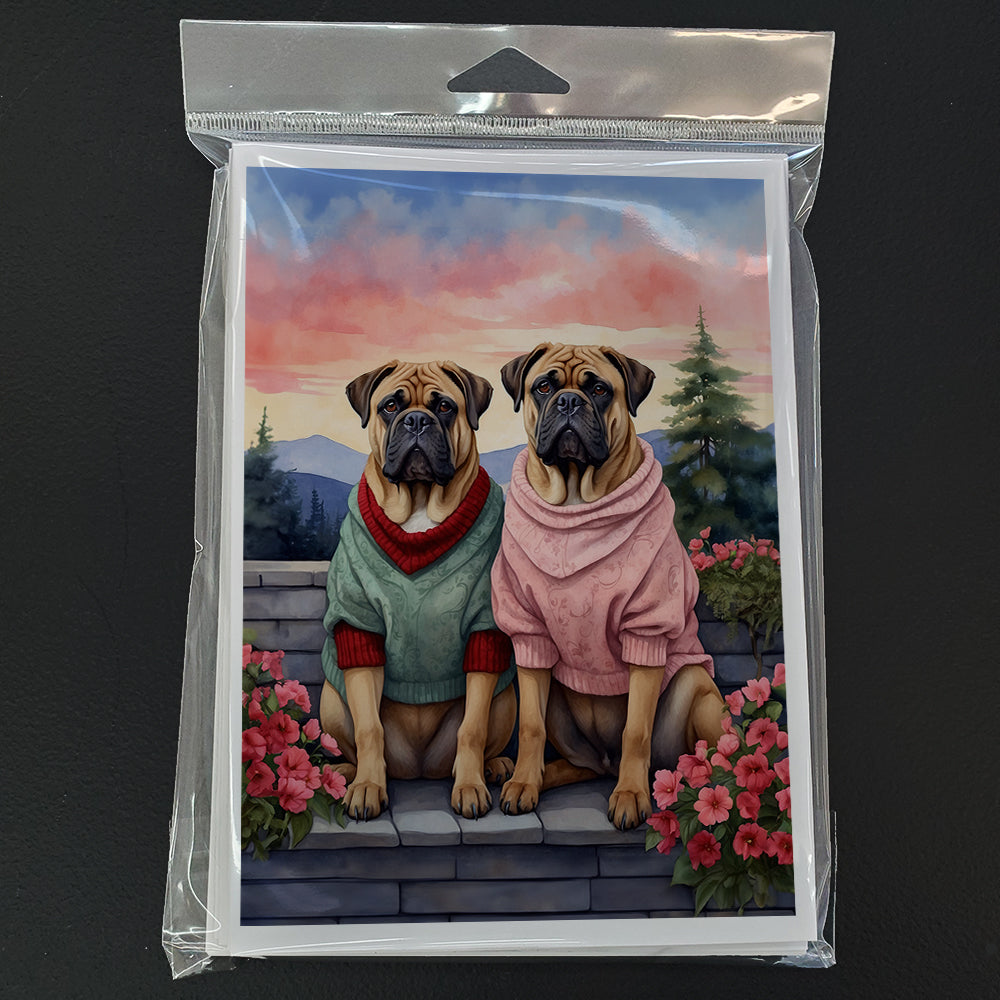 Bullmastiff Two Hearts Greeting Cards Pack of 8 Blank Cards with Envelopes Whimsical A7 Size 5x7
