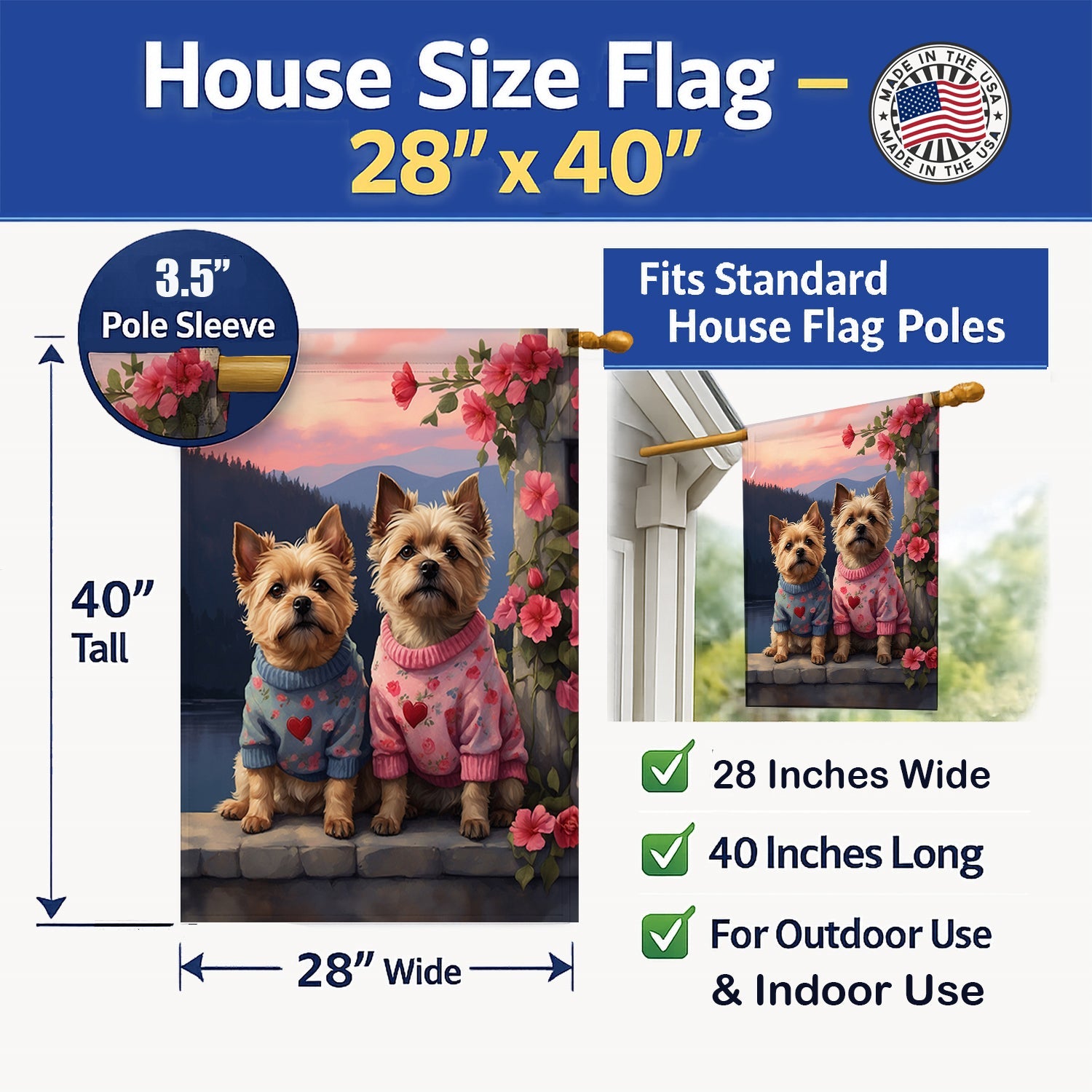 Cairn Terrier Two Hearts House Flag 28x40 Porch Sleeve Pole Decorative Outside Yard Banner Artwork Wall Hanging, Polyester