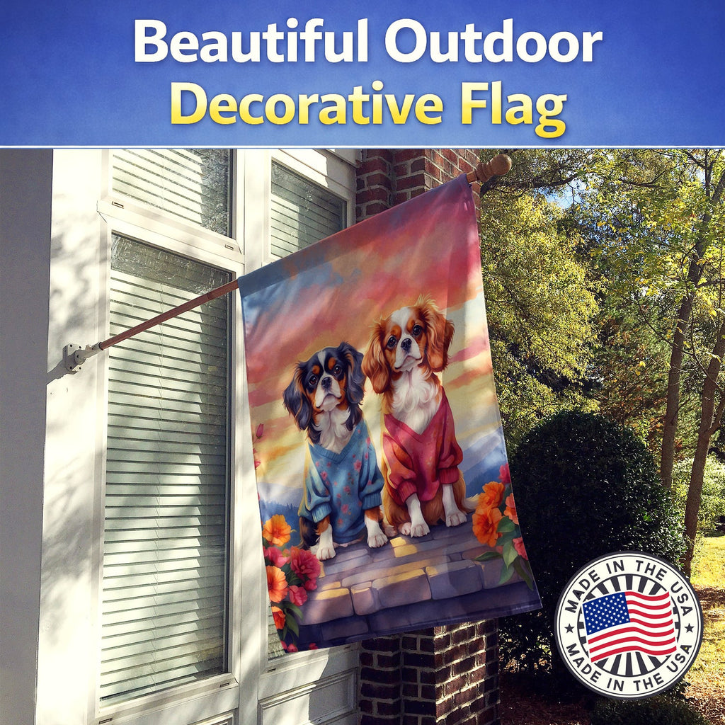 Cavalier Spaniel Two Hearts House Flag 28x40 Porch Sleeve Pole Decorative Outside Yard Banner Artwork Wall Hanging, Polyester