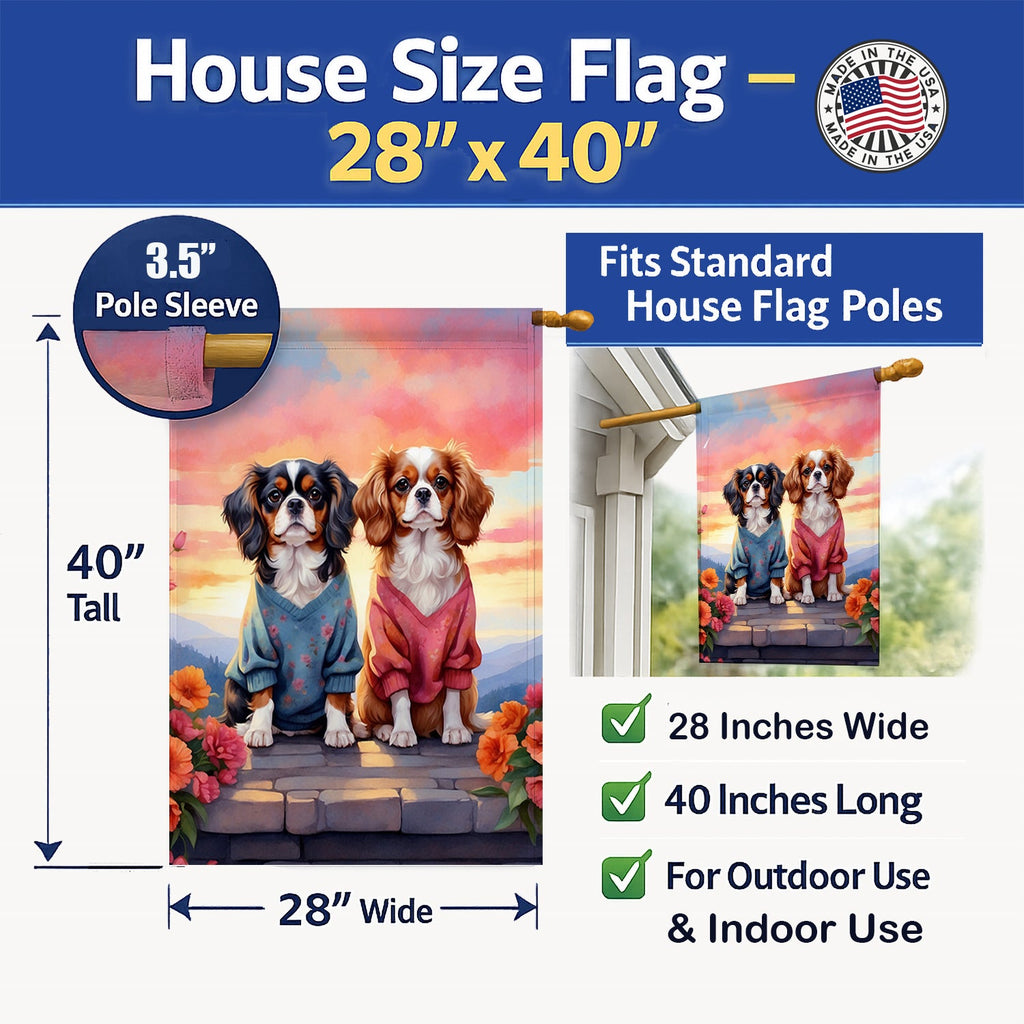 Cavalier Spaniel Two Hearts House Flag 28x40 Porch Sleeve Pole Decorative Outside Yard Banner Artwork Wall Hanging, Polyester