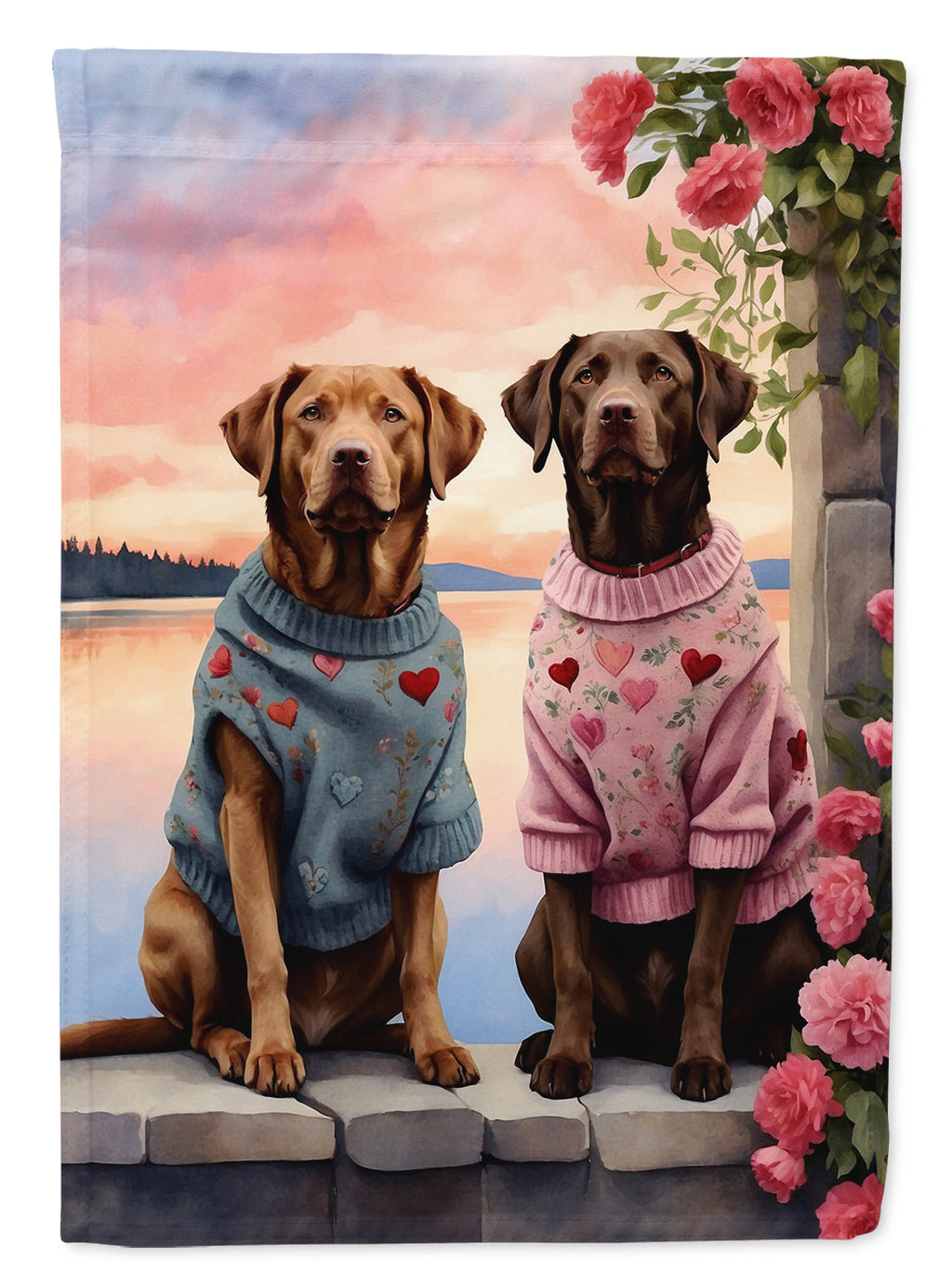 Chesapeake Bay Retriever Two Hearts House Flag 28x40 Porch Sleeve Pole Decorative Outside Yard Banner Artwork Wall Hanging, Polyester