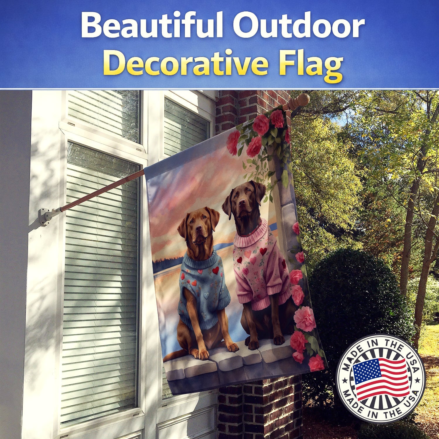Chesapeake Bay Retriever Two Hearts House Flag 28x40 Porch Sleeve Pole Decorative Outside Yard Banner Artwork Wall Hanging, Polyester