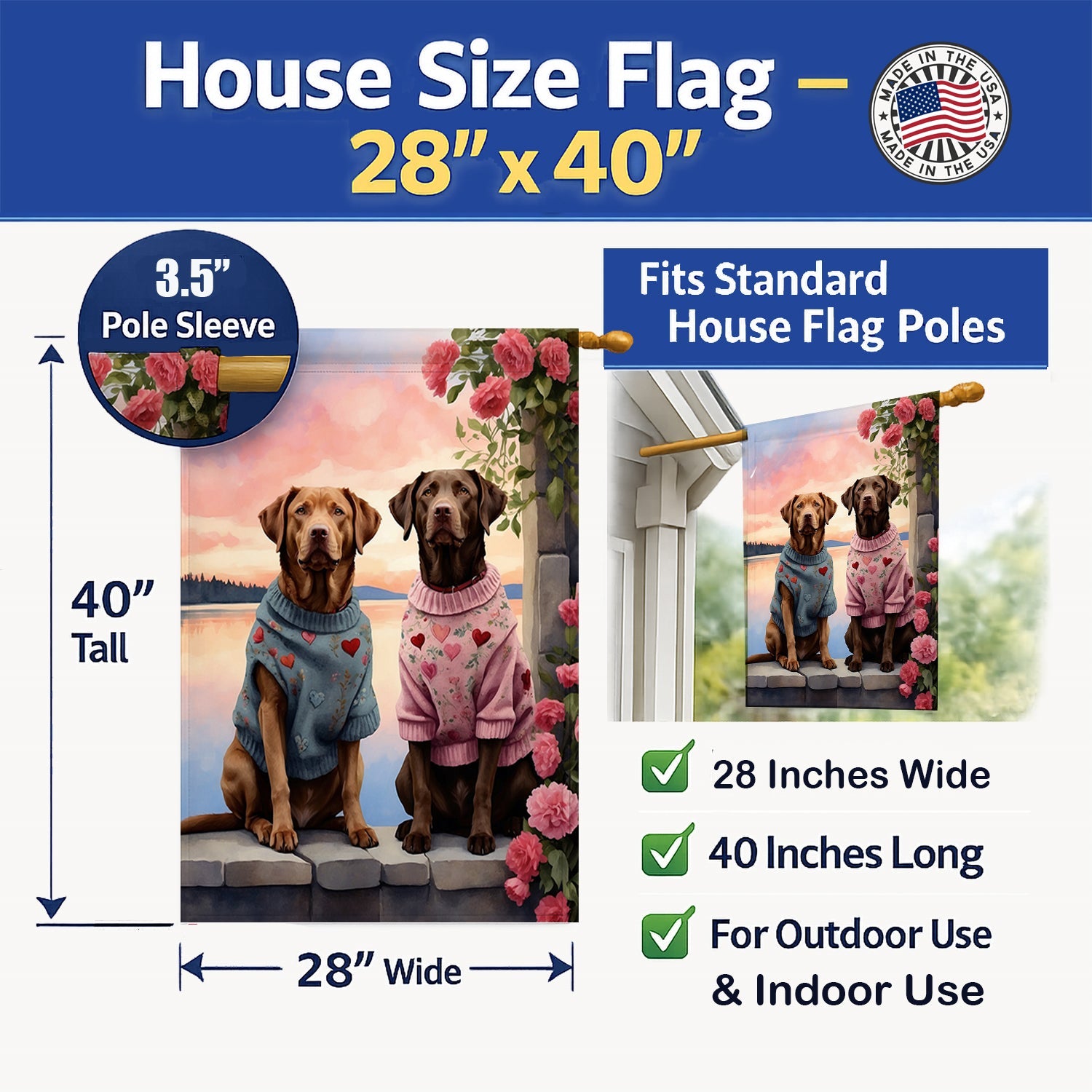 Chesapeake Bay Retriever Two Hearts House Flag 28x40 Porch Sleeve Pole Decorative Outside Yard Banner Artwork Wall Hanging, Polyester