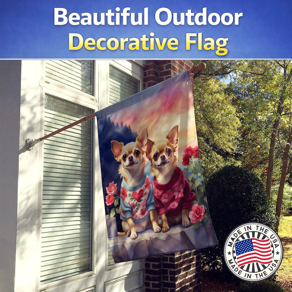 Chihuahua Two Hearts House Flag 28x40 Porch Sleeve Pole Decorative Outside Yard Banner Artwork Wall Hanging, Polyester