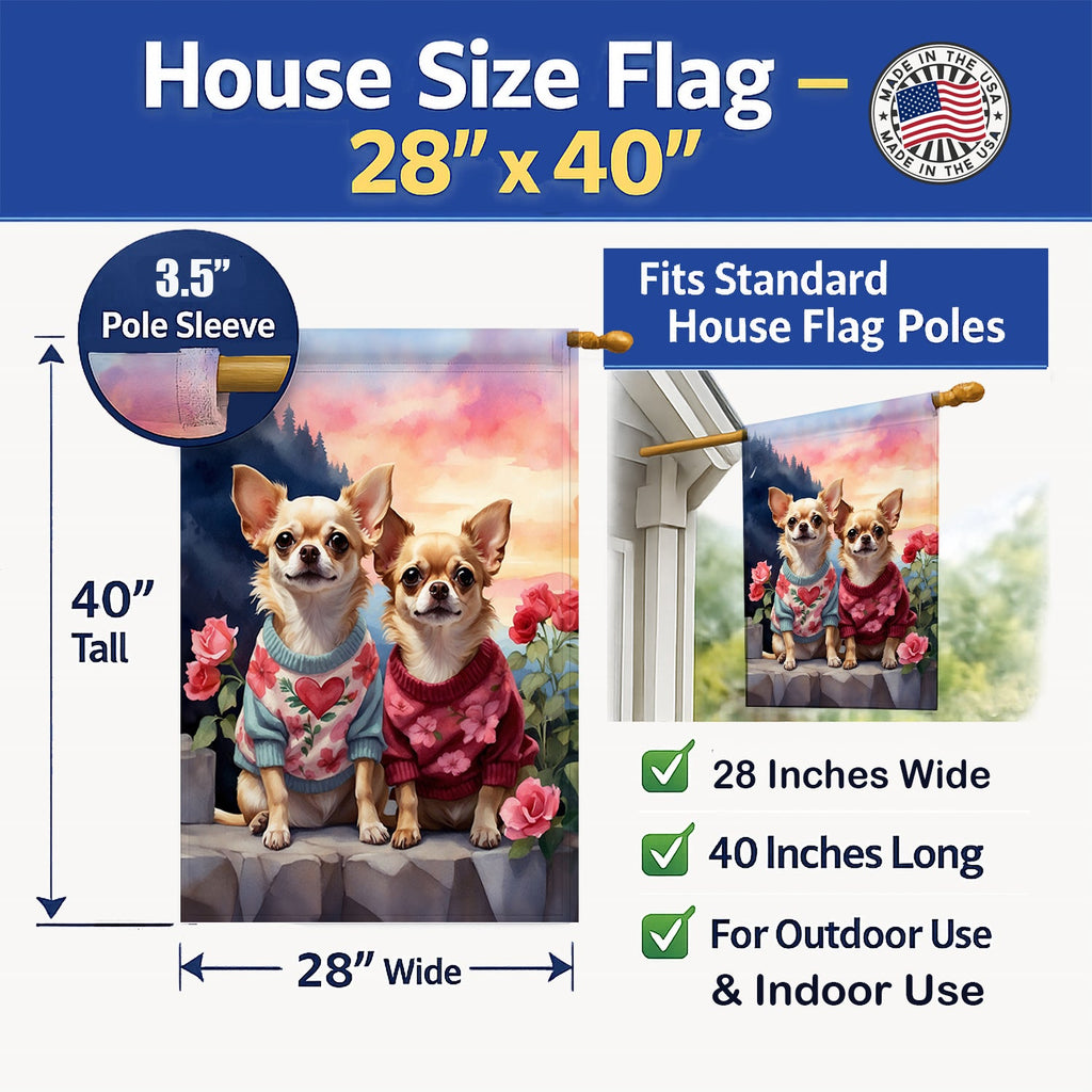 Chihuahua Two Hearts House Flag 28x40 Porch Sleeve Pole Decorative Outside Yard Banner Artwork Wall Hanging, Polyester