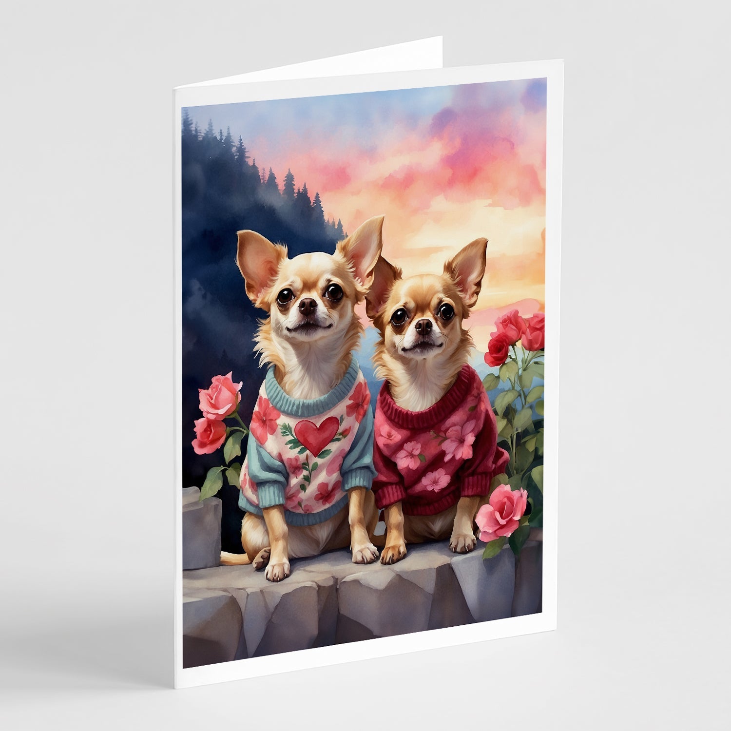 Chihuahua Two Hearts Greeting Cards Pack of 8 Blank Cards with Envelopes Whimsical A7 Size 5x7